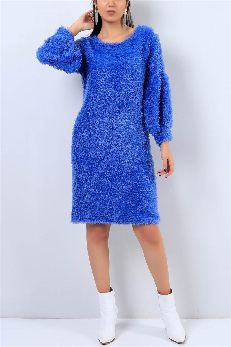 Sakallı Kumaş Mavi Bayan Elbise 21895B