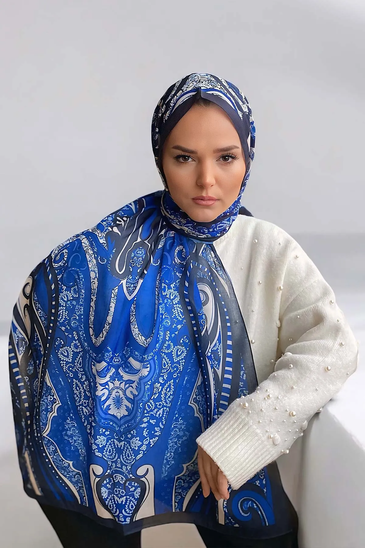 Saks Mavi 180x70 Etnik Desen Dijital Baskılı Pamuk Şal 323058