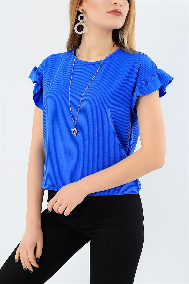 Saks Mavi Kolu Fırfırlı Kaşkorse Bluz 30091B