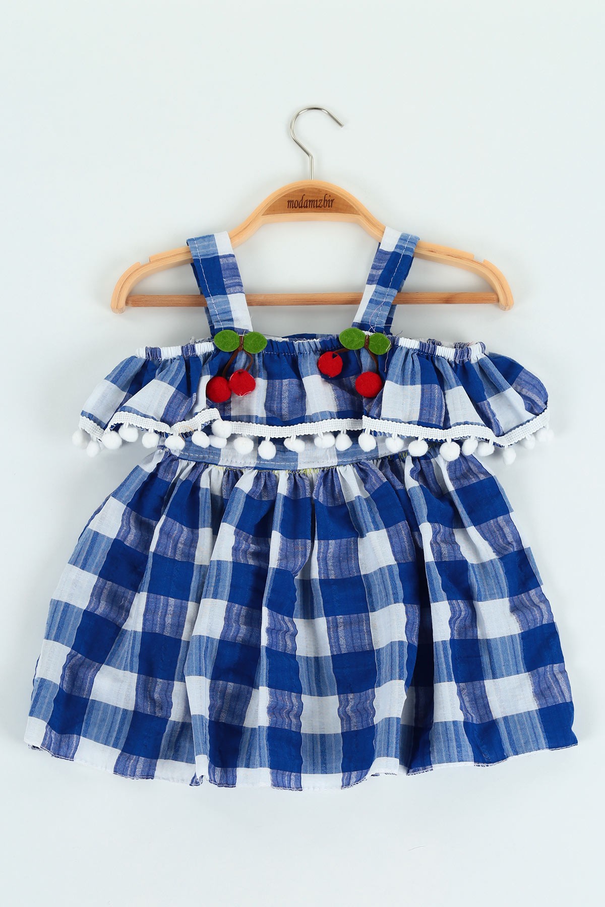 Saks Mavisi (1-5 yaş) Yakası Kiraz Armalı Kız Çocuk Elbise 121076