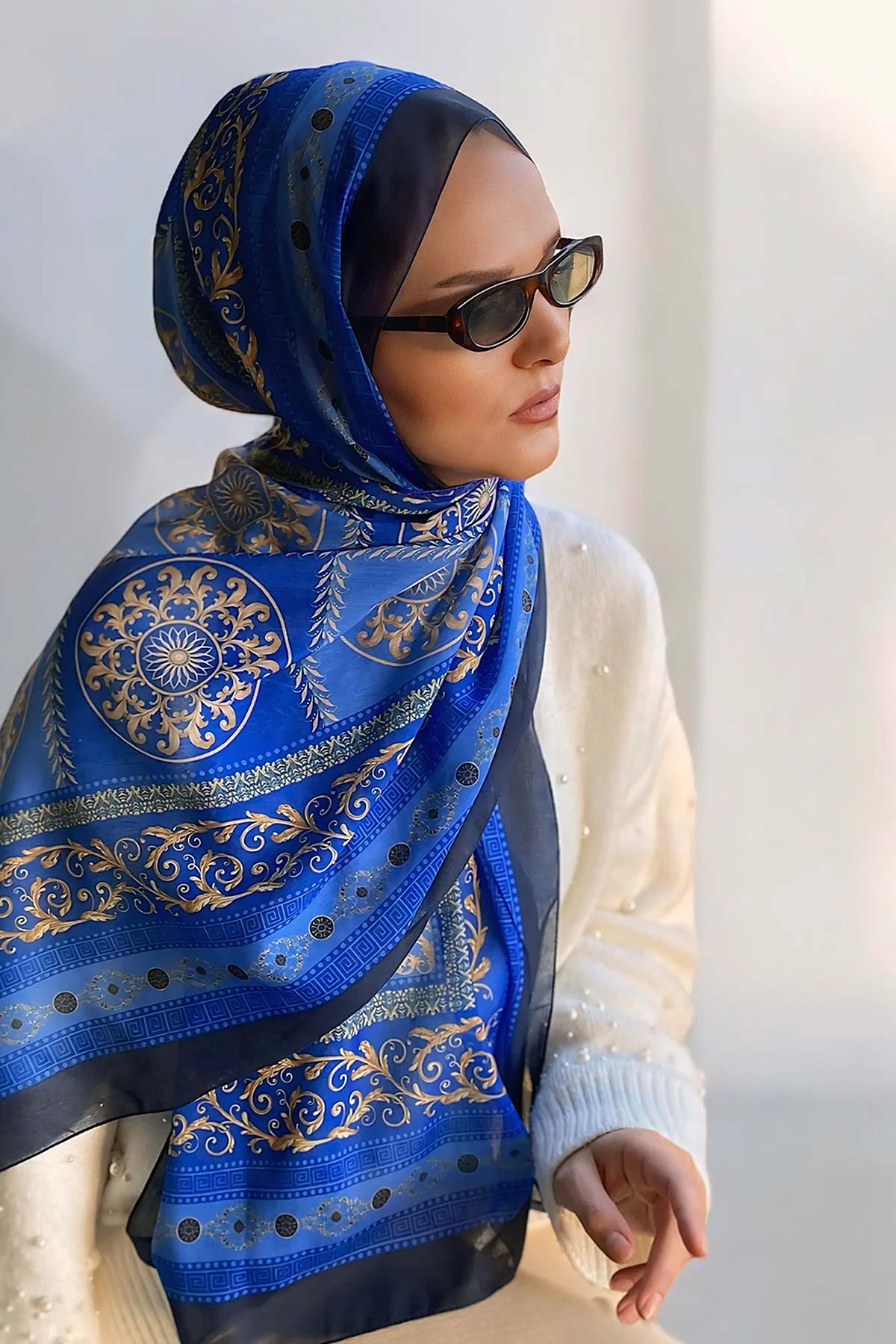 Saks Mavisi 180X70 cm Dijital Baskı Lenora Desenli Pamuk Şal 331623
