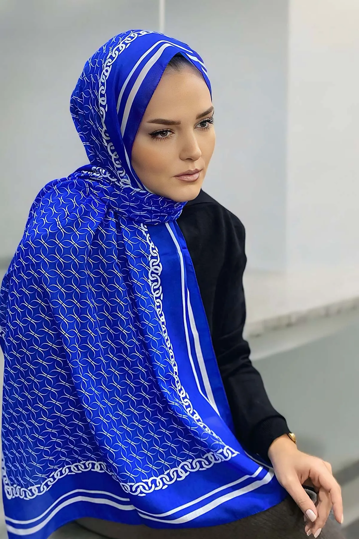 Saks Mavisi 180X70 cm Dijital Baskı Zincir Desenli Pamuk Şal 332917