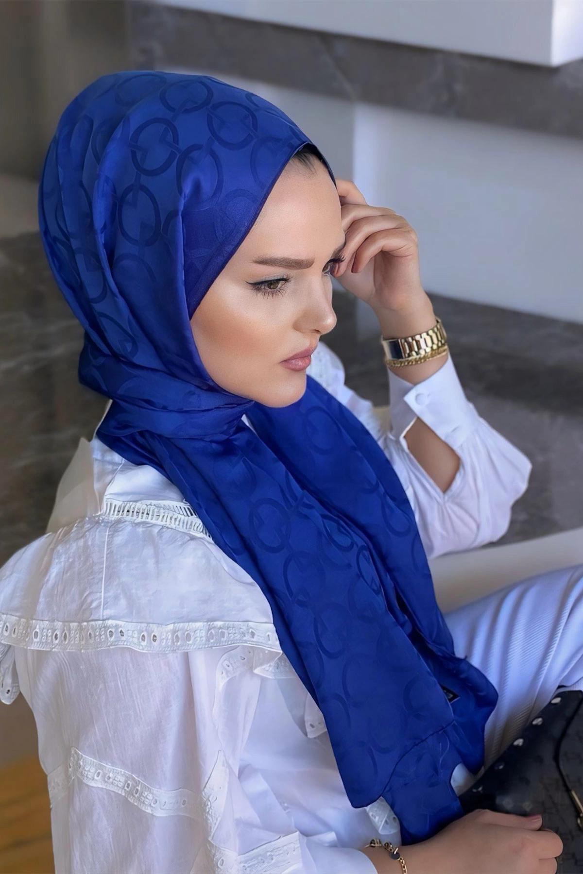 Saks Mavisi 180x70 Jakar İpeksi Karo Desen Şal 270901