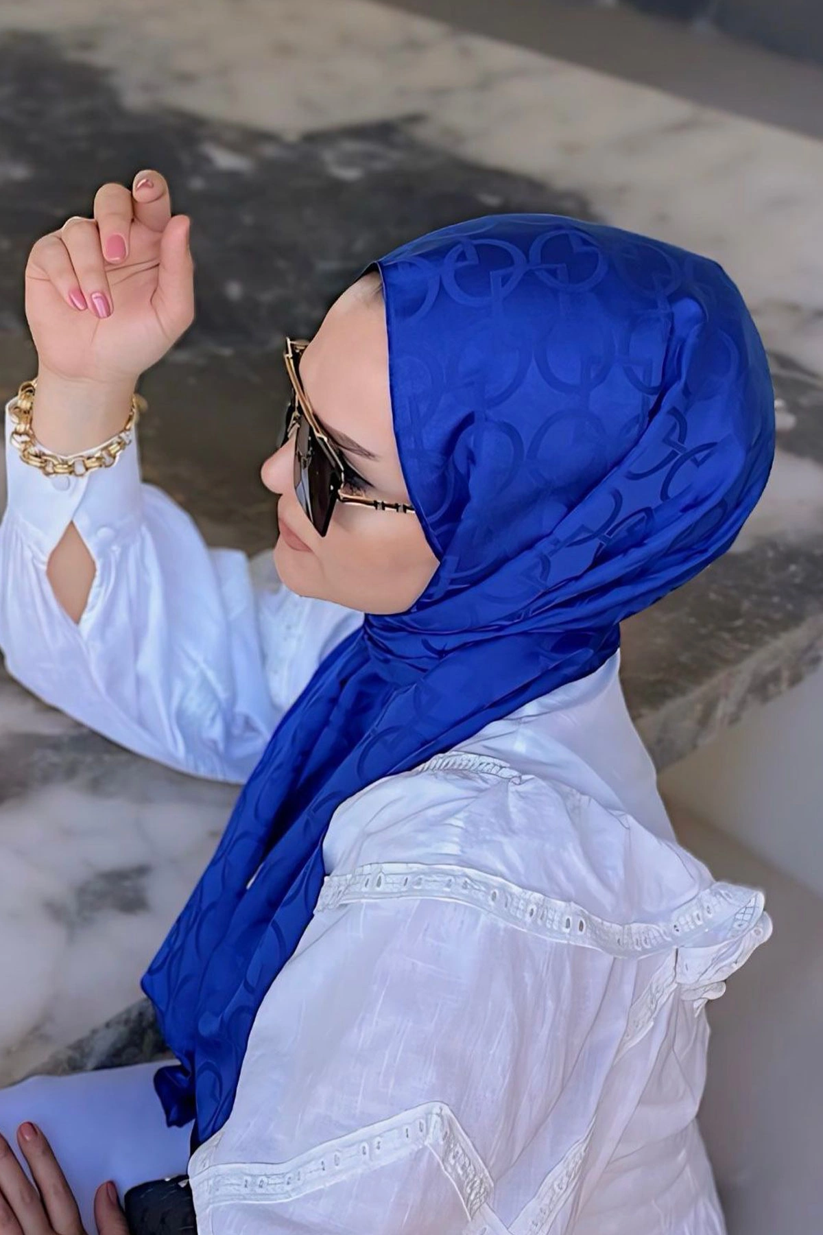 Saks Mavisi 180x70 Jakar İpeksi Karo Desen Şal 270901