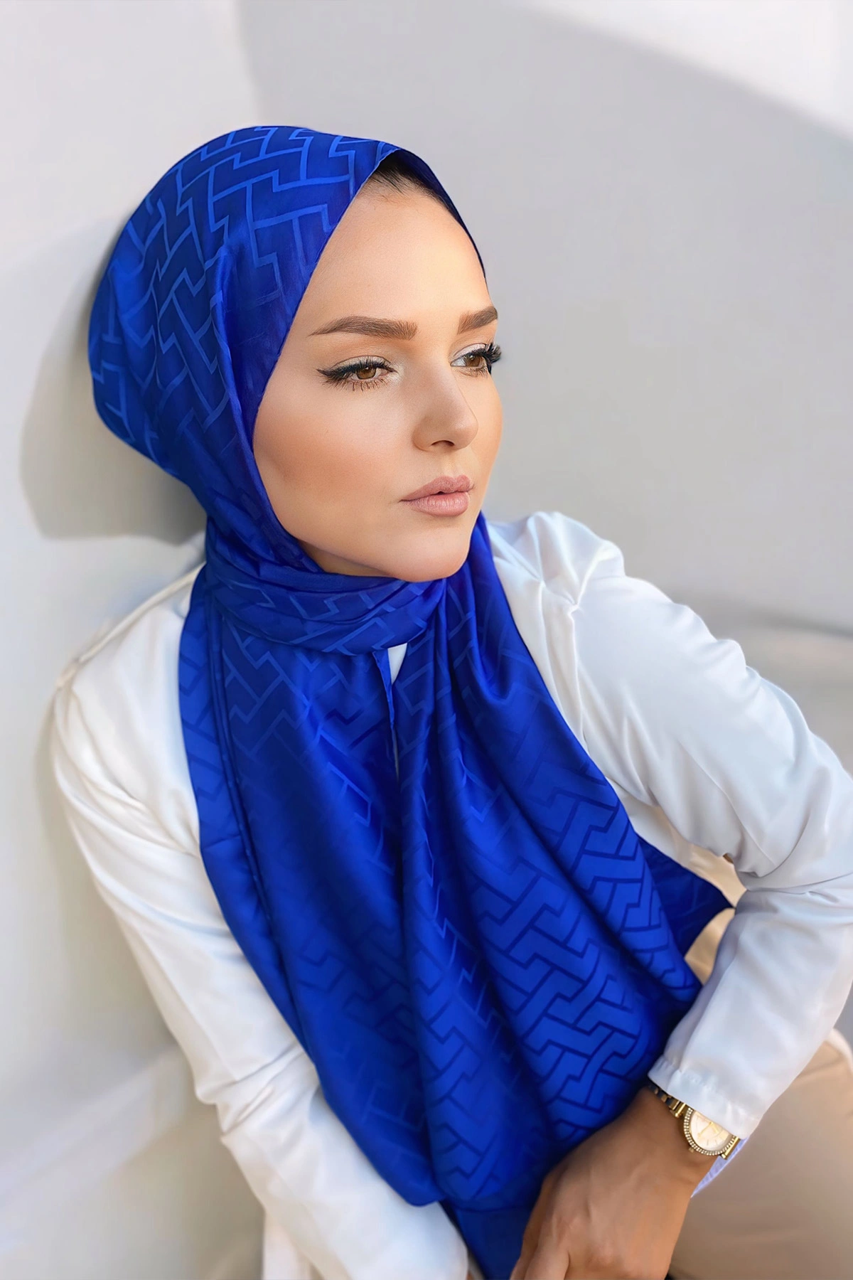 Saks Mavisi 180x70 Jakar İpeksi Labirent Desen Şal 270909