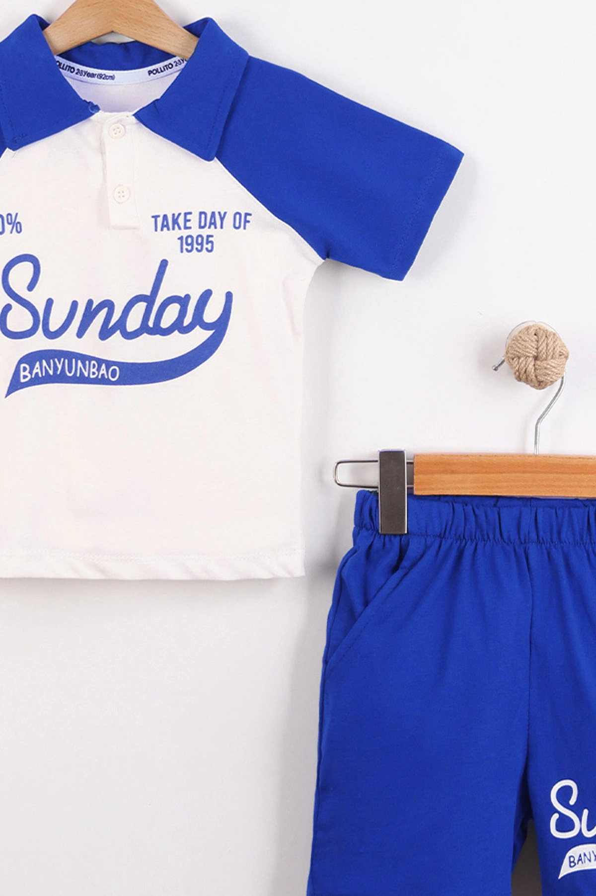 Saks Mavisi (3-10 Yaş)Sunday Baskılı Yakalı Düğmeli Garnili Erkek Çocuk Takım 460728