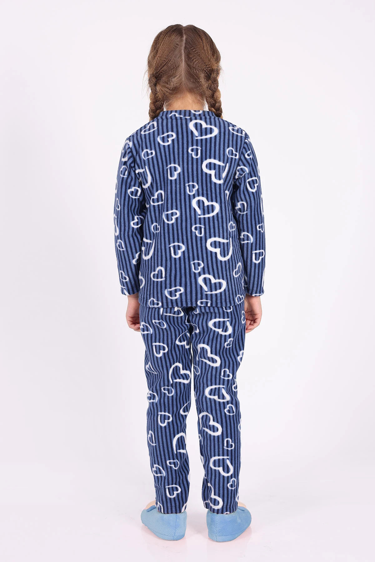 Saks Mavisi (4-12 Yaş)Kalp  Desenli Polar Kumaş Kız Çocuk Pijama Takımı 327476
