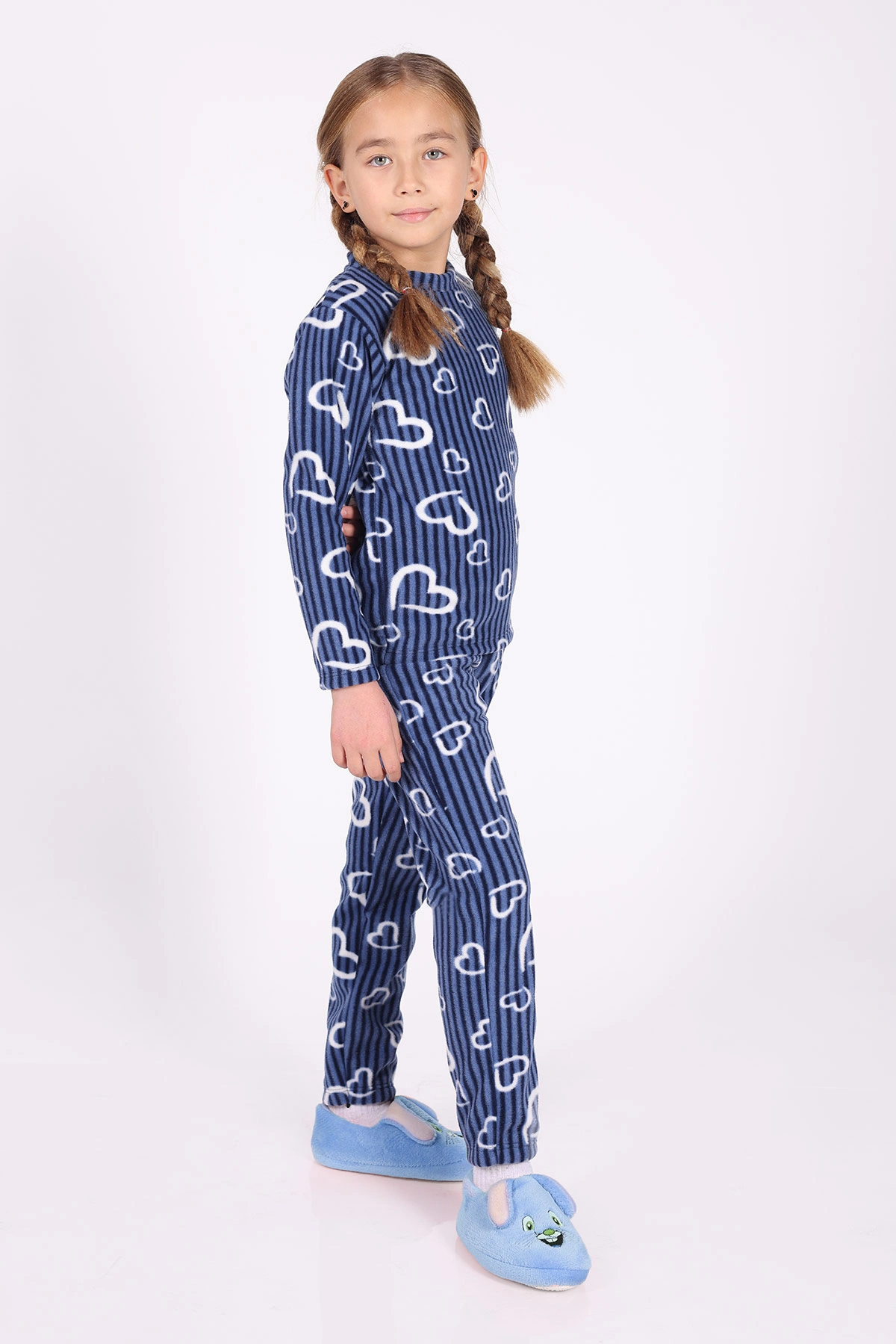 Saks Mavisi (4-12 Yaş)Kalp  Desenli Polar Kumaş Kız Çocuk Pijama Takımı 327476
