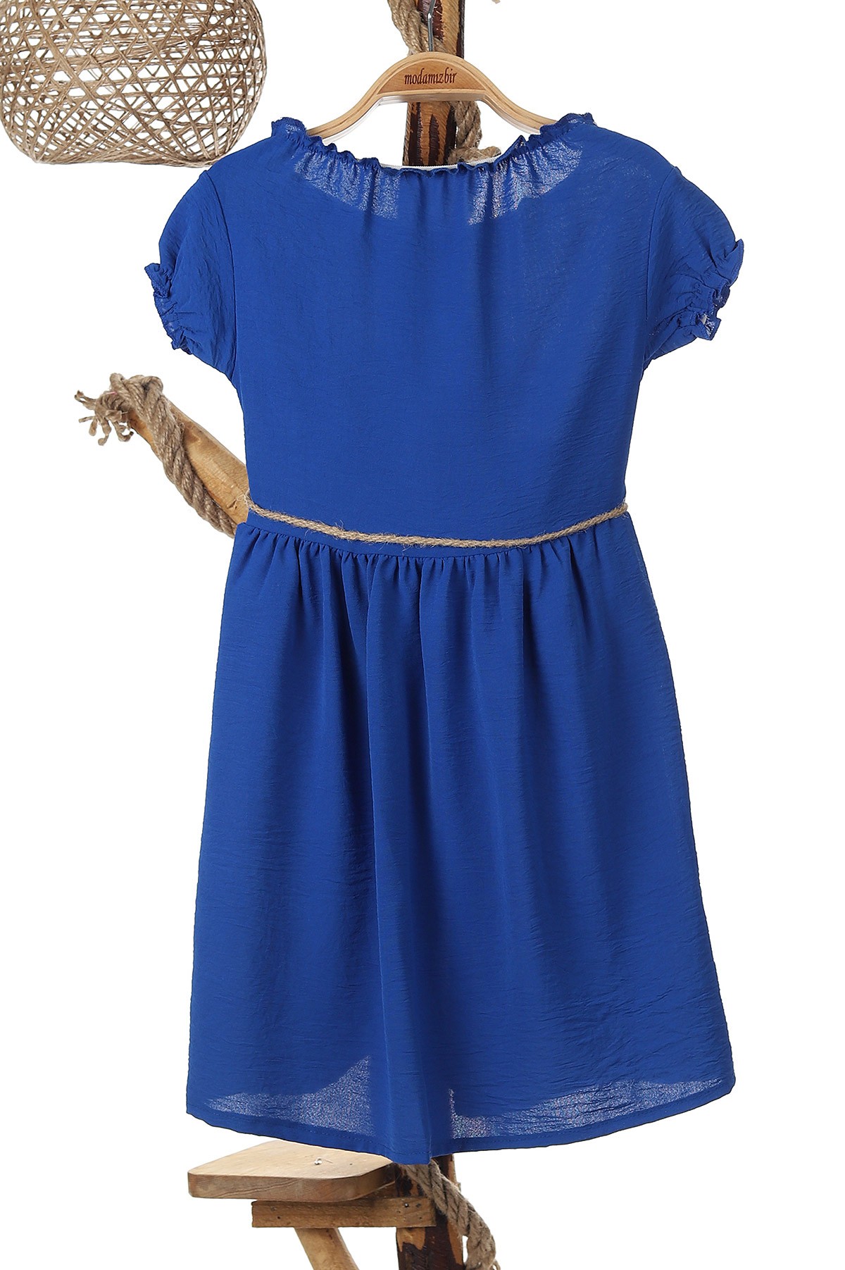 Saks Mavisi (6-10 Yaş) Cep Şeritli Boyun Kol Lastikli Bel Bağlamalı Kız Çocuk Elbise 165440