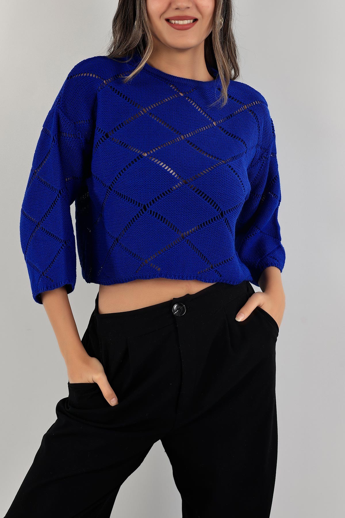 Saks Mavisi Ajurlu Crop Triko Kazak 137483