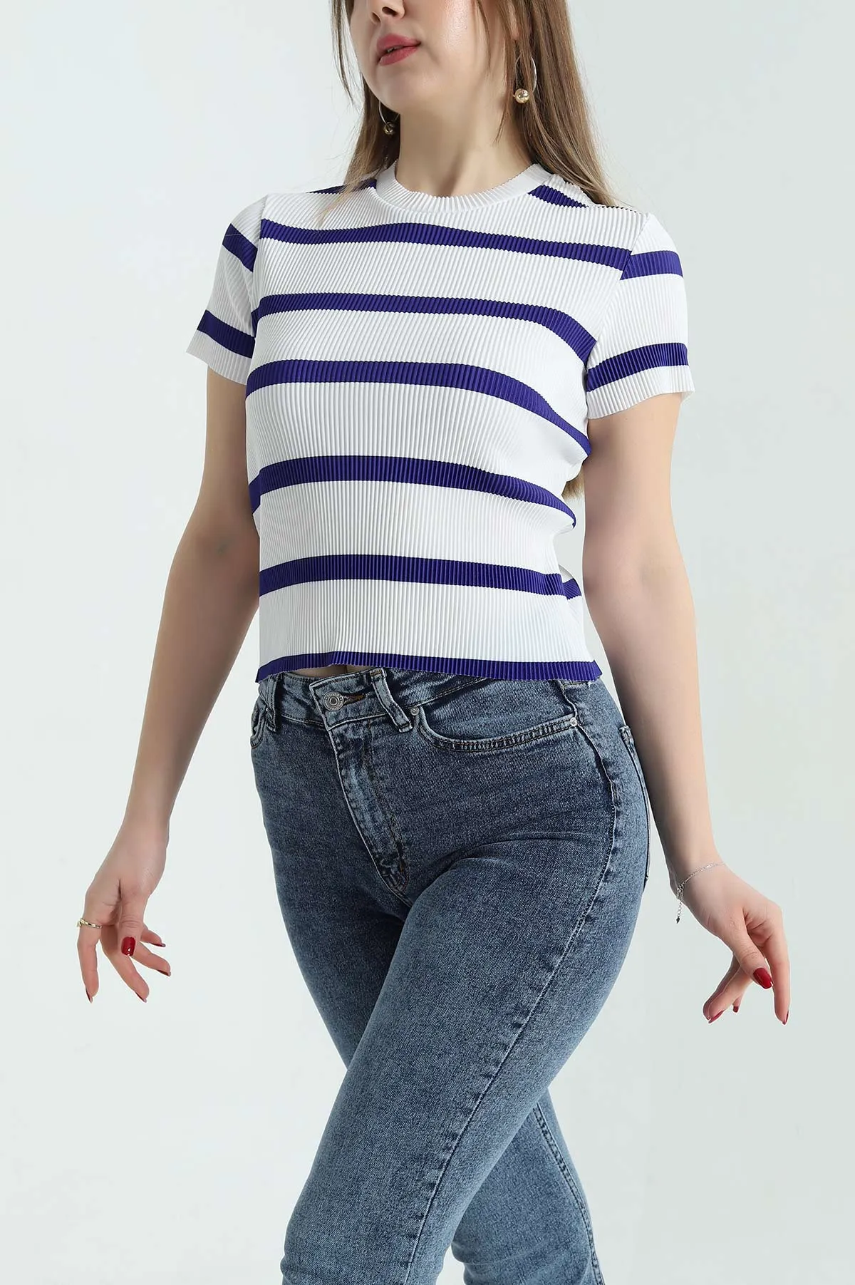Saks Mavisi Akordiyon Kumaş Çizgili Bluz 334160