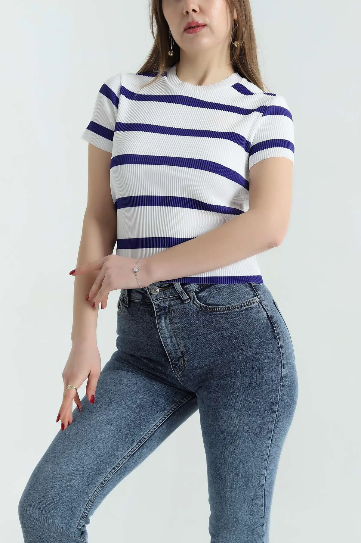 Saks Mavisi Akordiyon Kumaş Çizgili Bluz 334160