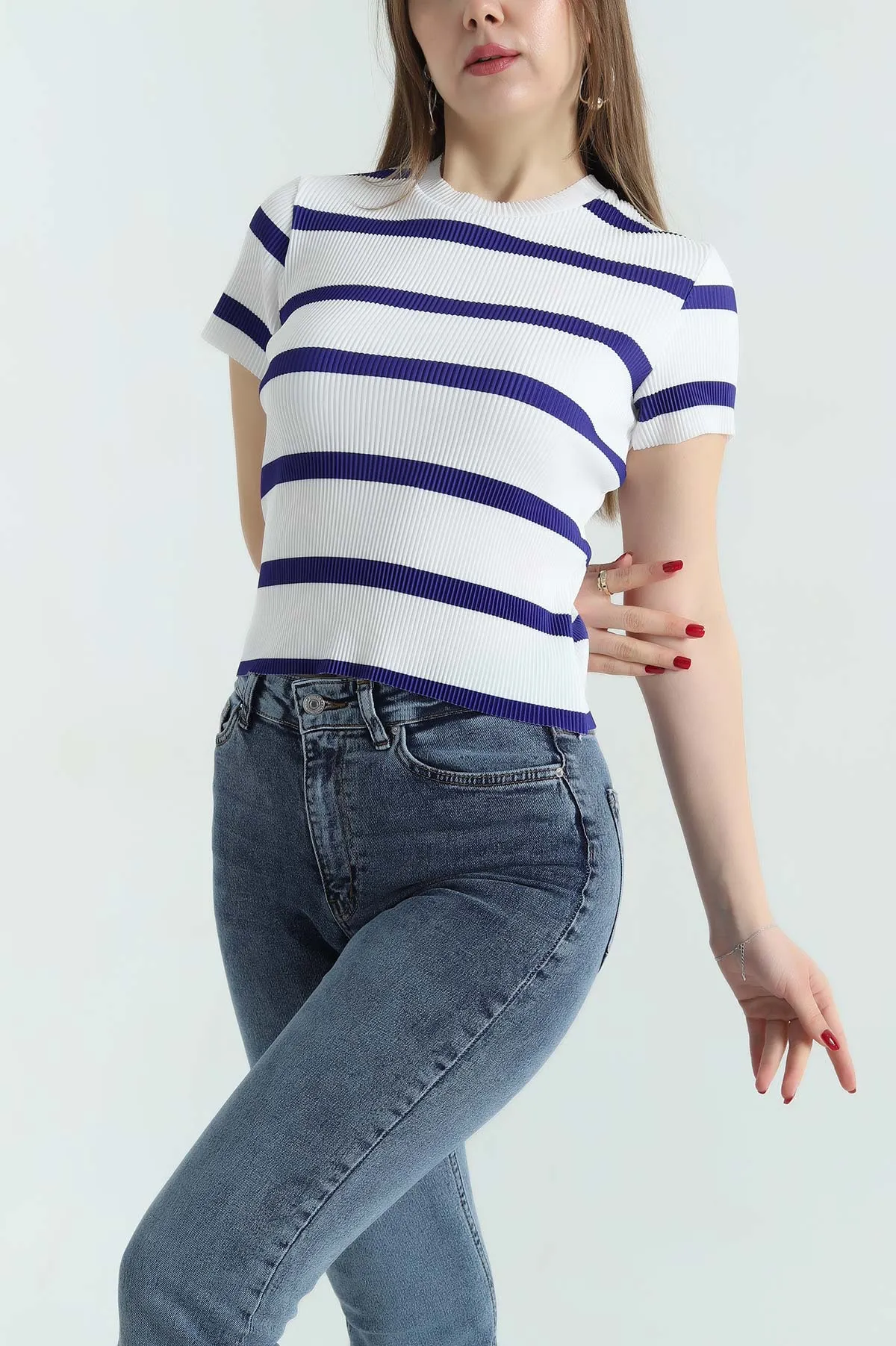 Saks Mavisi Akordiyon Kumaş Çizgili Bluz 334160