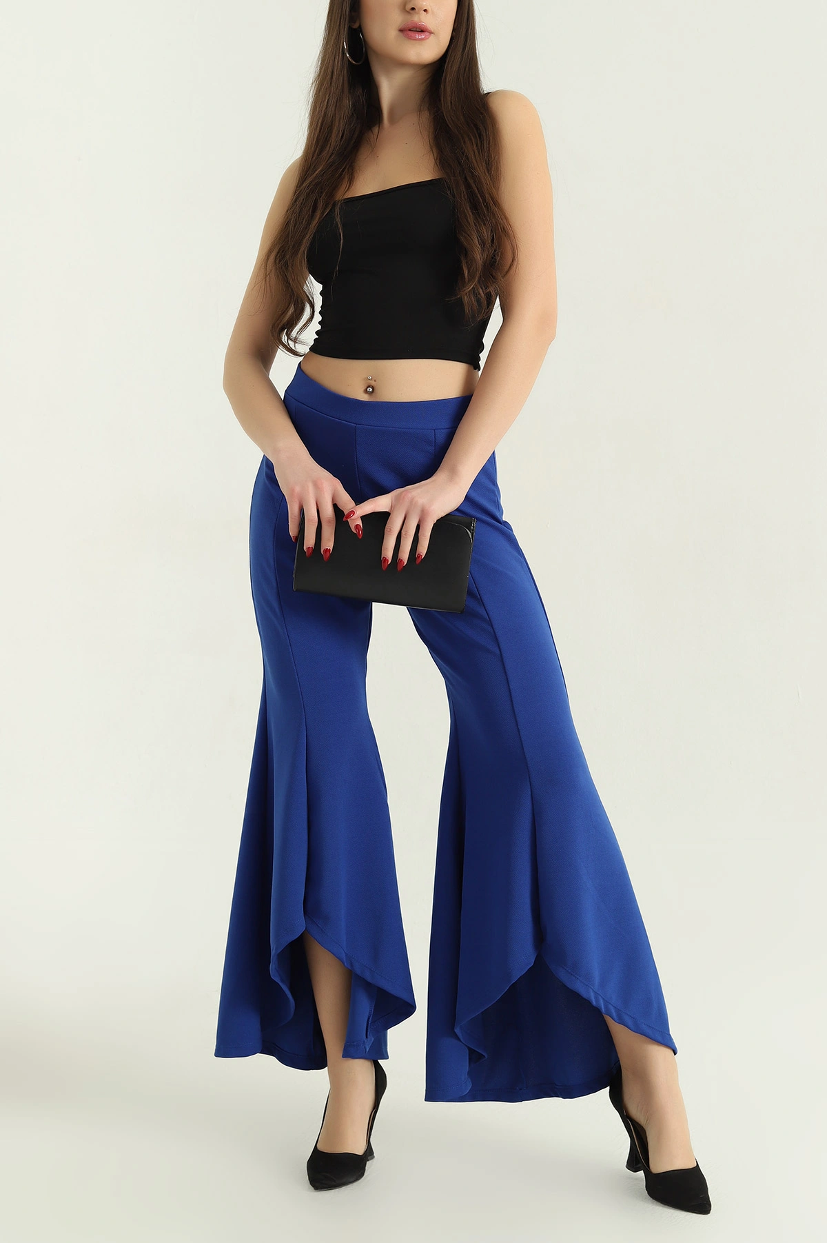 Saks Mavisi Asimetrik İspanyol Paça Krep Pantolon 335094