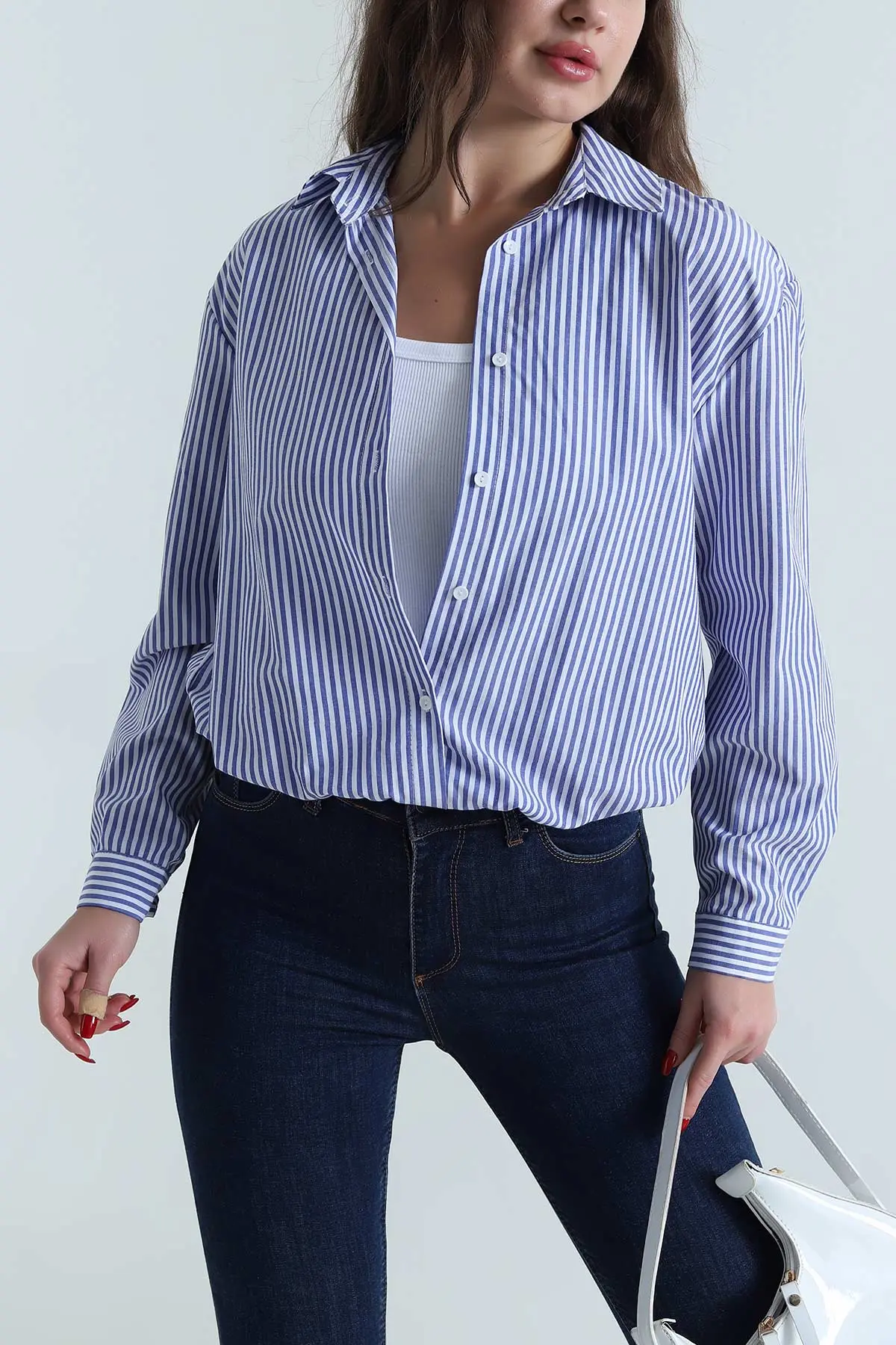 Saks Mavisi Atlet Astarlı Çizgili Kadın Poplin Gömlek Bluz 495375