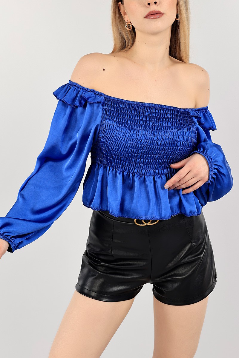 Saks Mavisi Balon Kol Gipeli Saten Bluz 103205