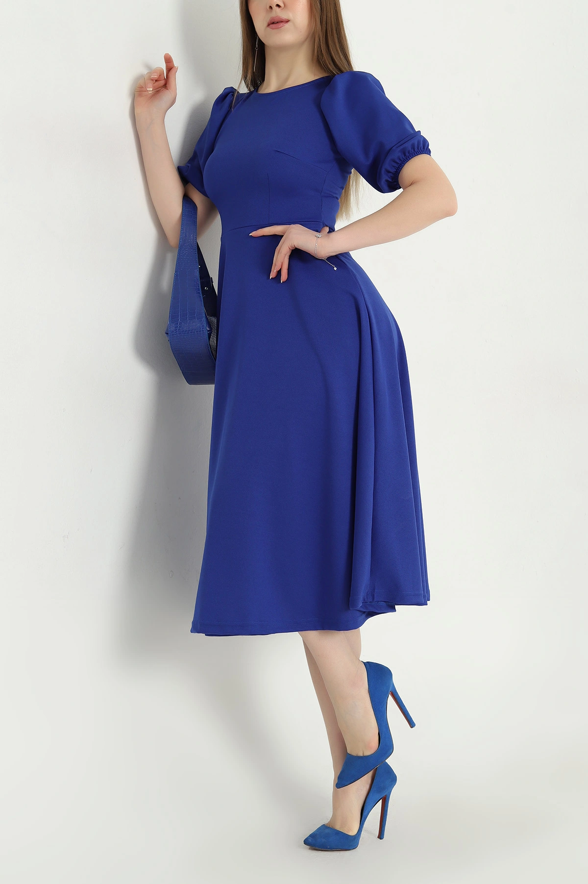 Saks Mavisi Balon Kol Krep Elbise 338451