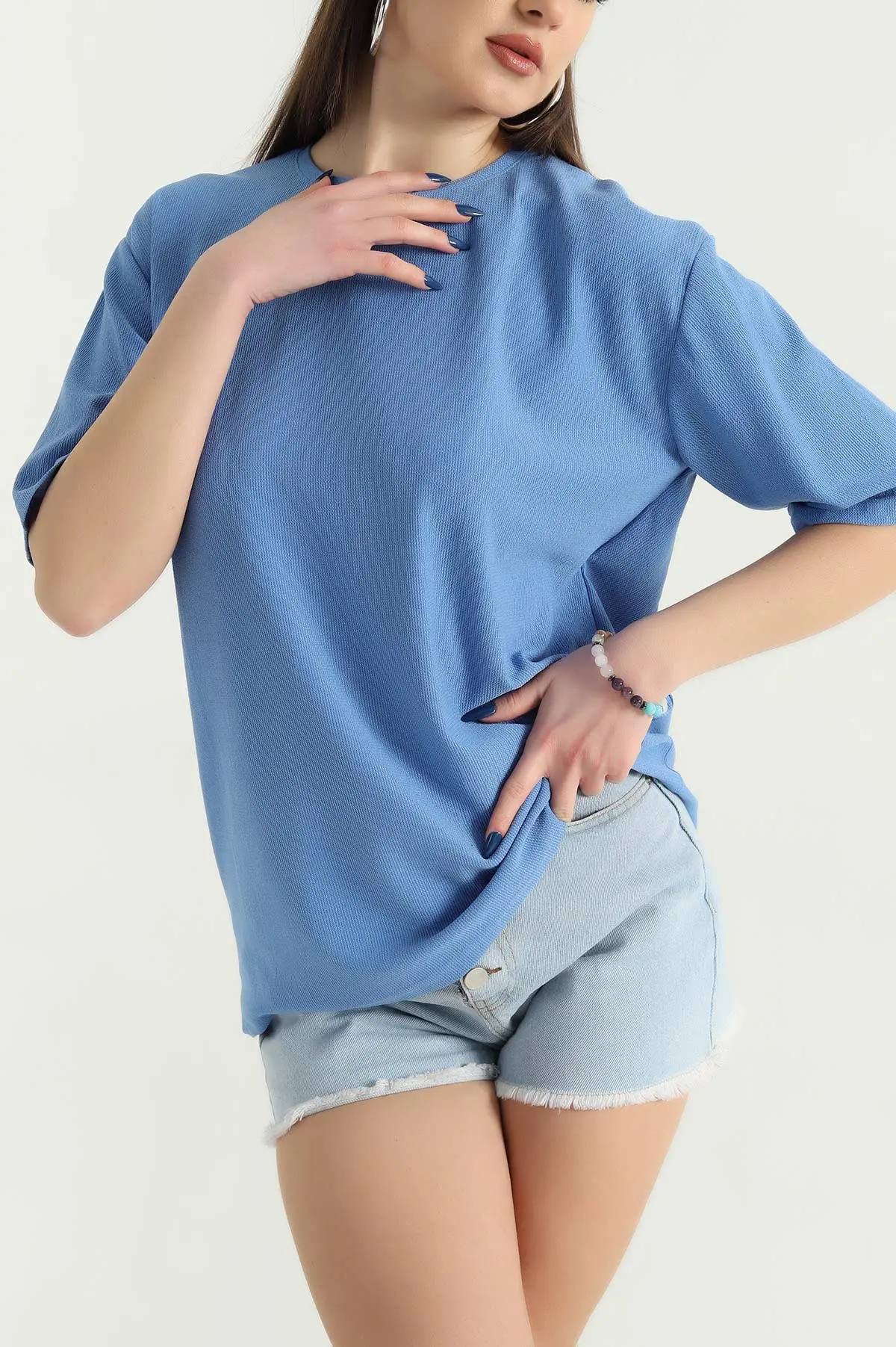 Saks Mavisi Basic Dokulu Bayan Tişört 337682