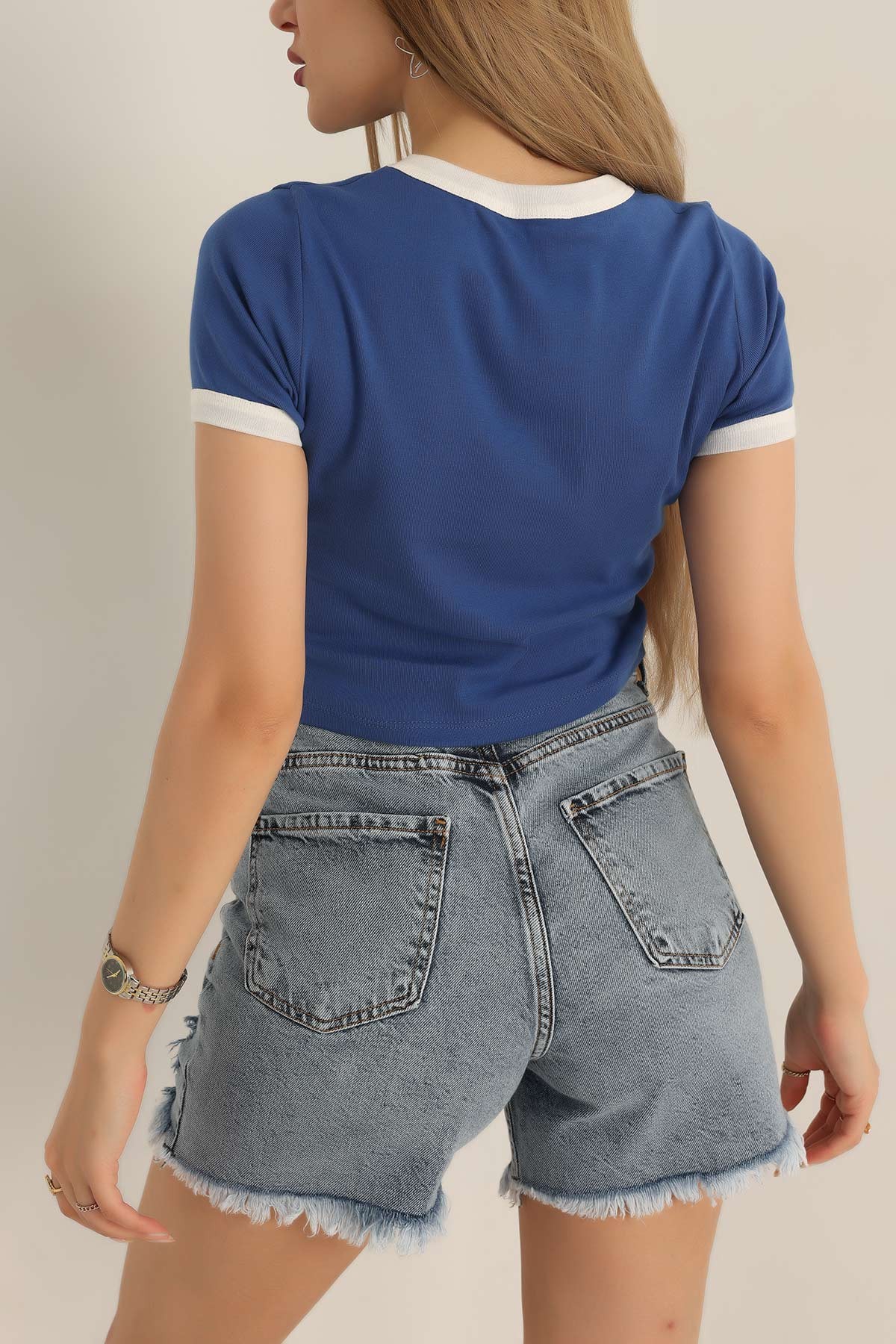 Saks Mavisi Baskılı Bayan Crop Tişört 187494