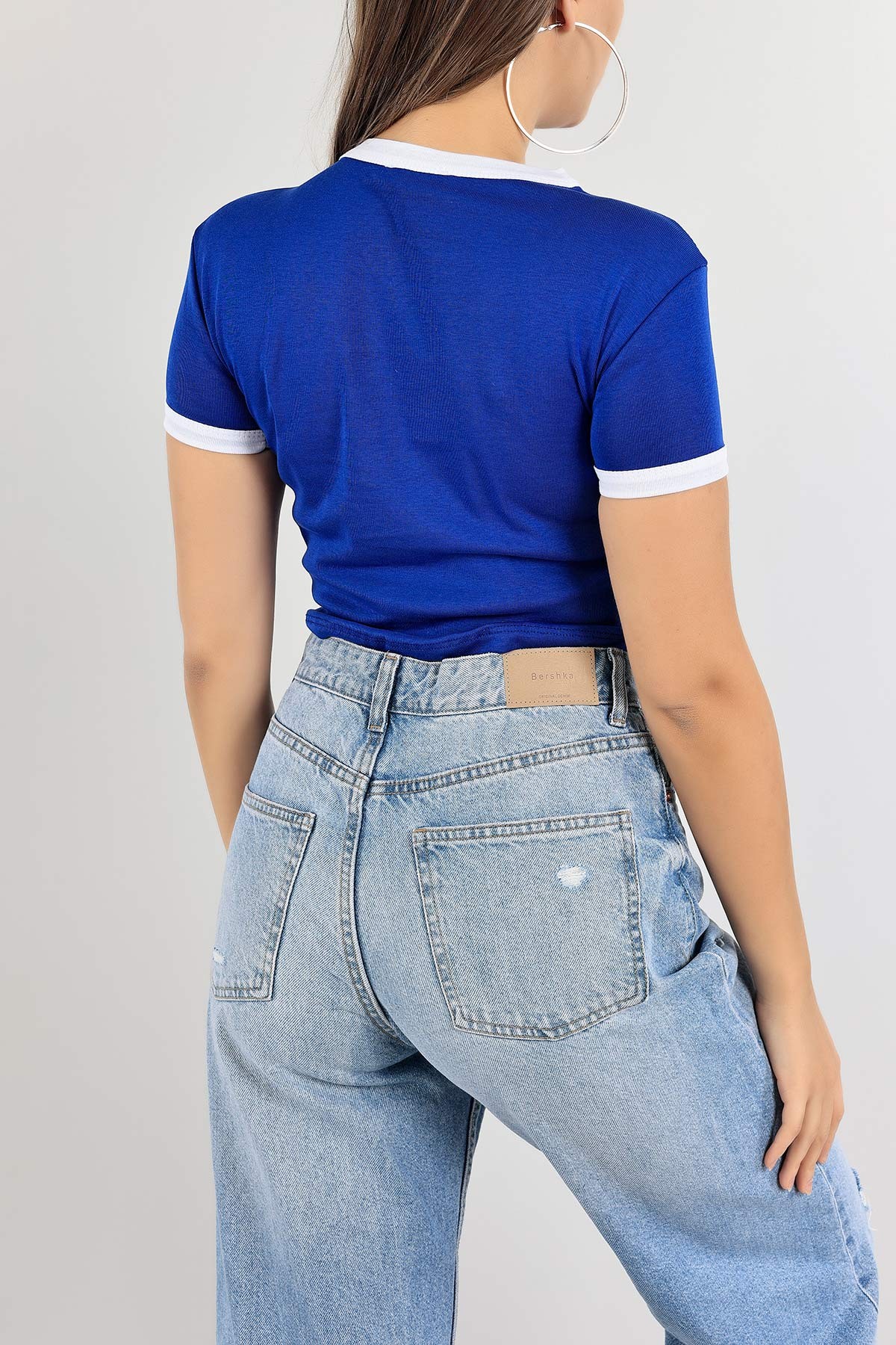 Saks Mavisi Baskılı Crop Tişört 120896