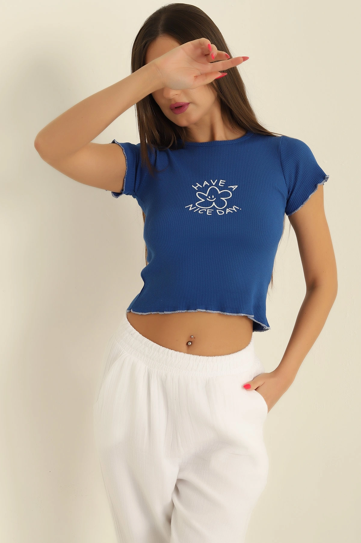 Saks Mavisi Baskılı Fitilli Bayan Bluz 279671