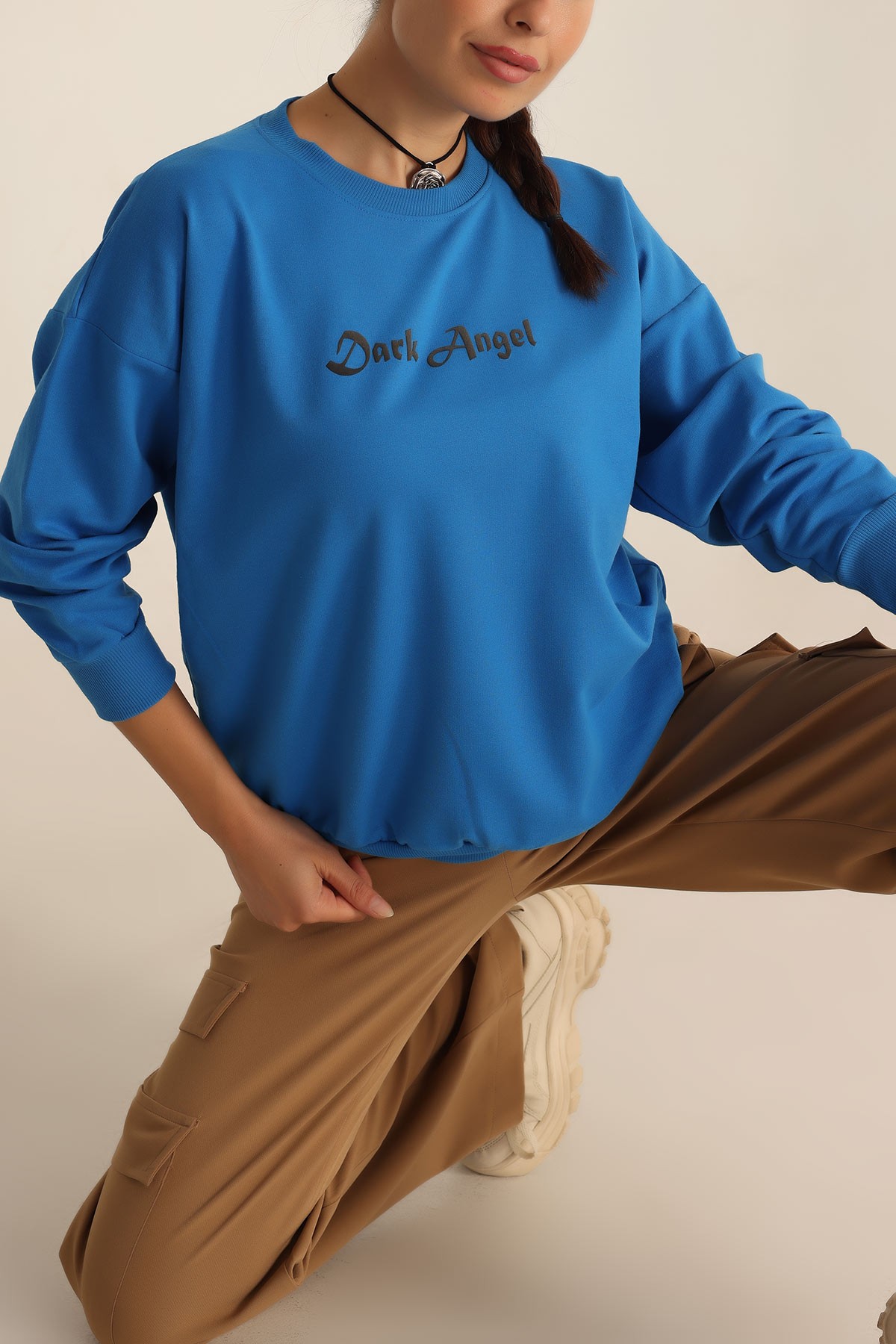 Saks Mavisi Baskılı Oversize Bayan Sweat 199240