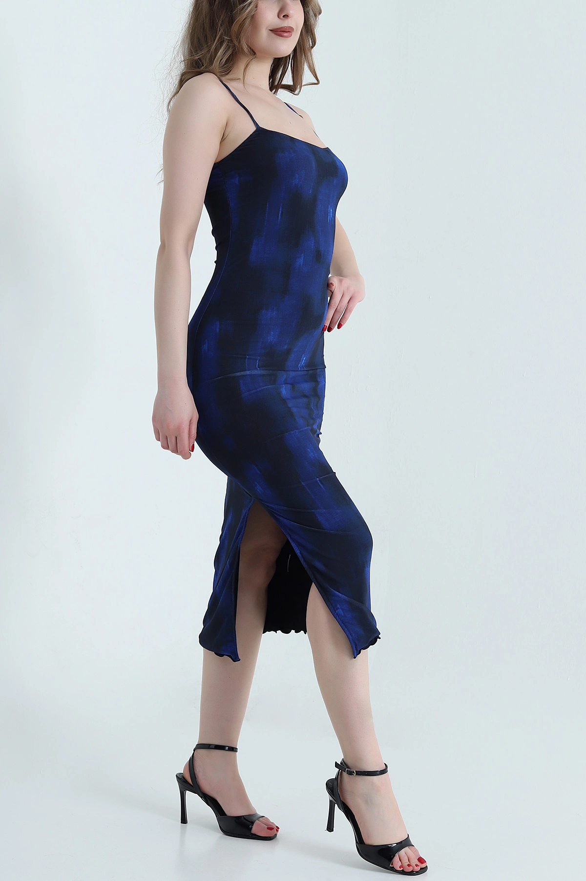 Saks Mavisi Batik Baskılı Tül Kadın Elbise 459301