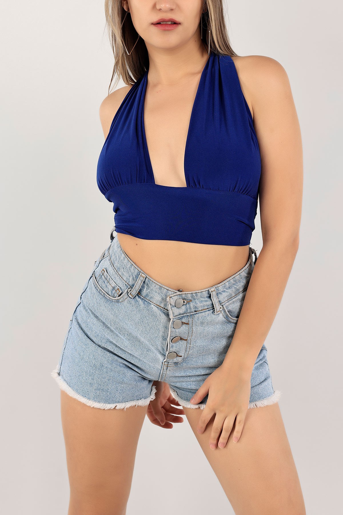 Saks Mavisi Bel ve Boyun Bağlamalı Sendy Bluz 117837