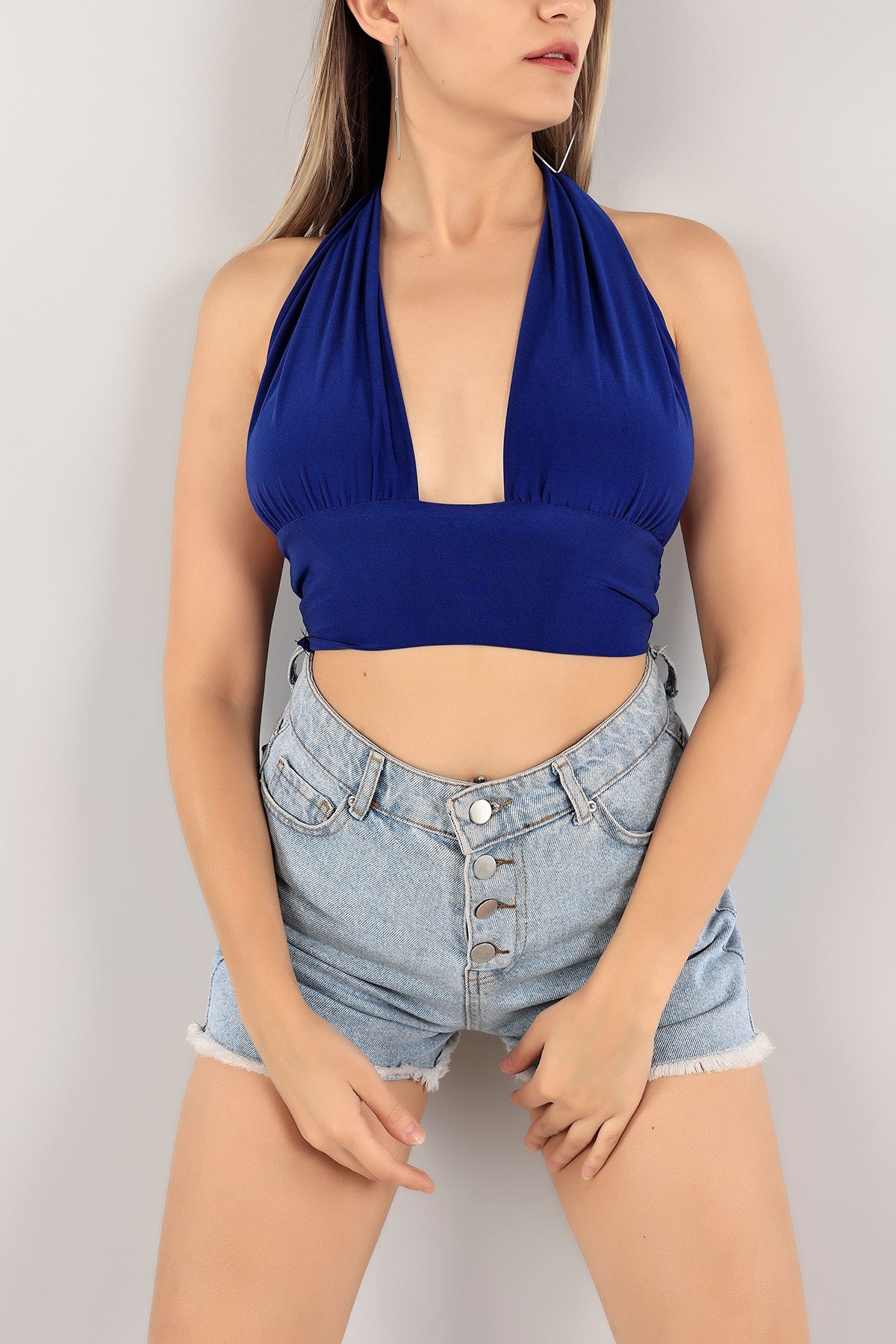 Saks Mavisi Bel ve Boyun Bağlamalı Sendy Bluz 117837
