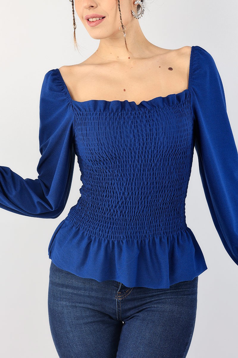 Saks Mavisi Bel ve Kol Gipeli Bluz 90598