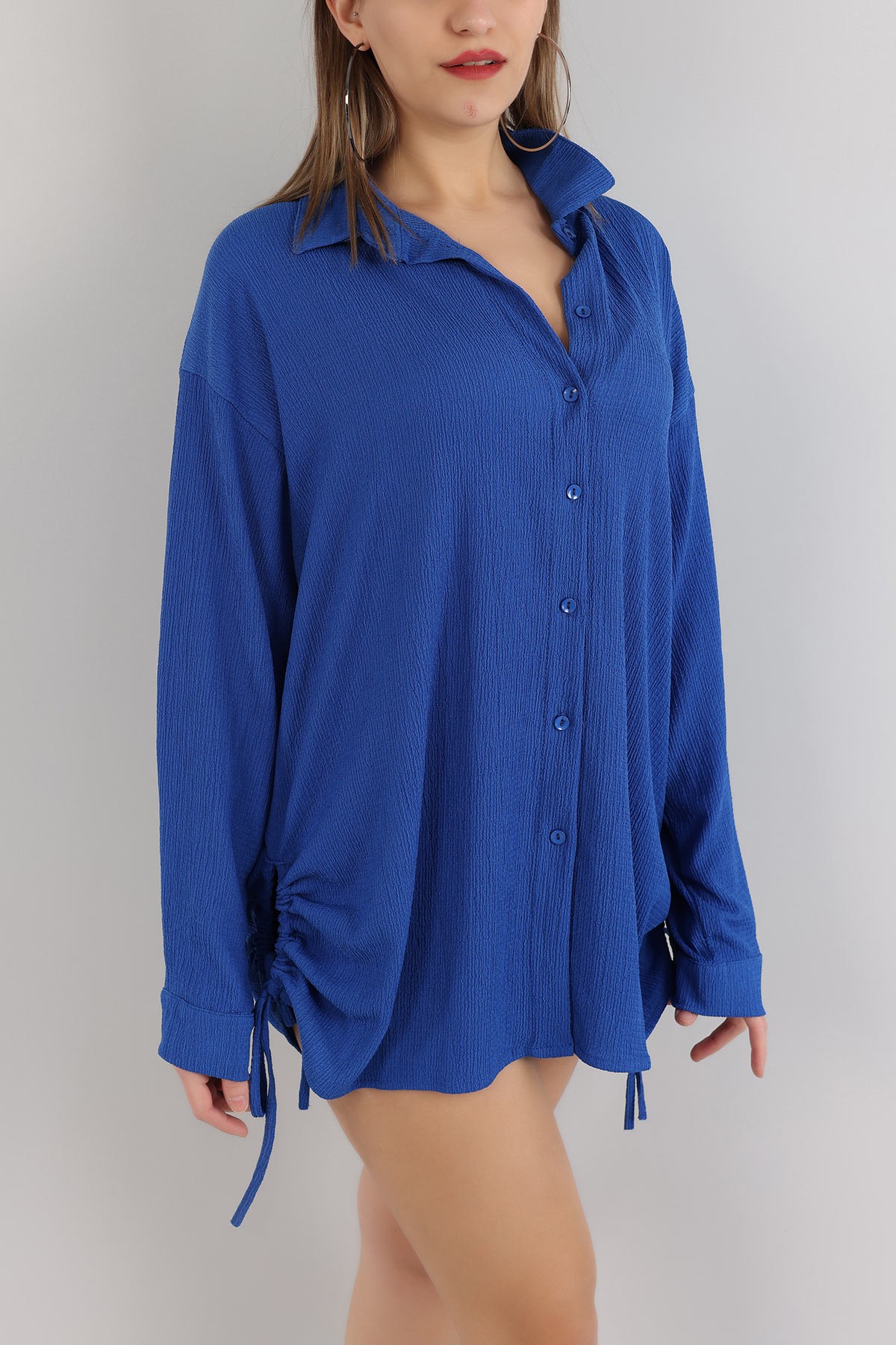 Saks Mavisi Belden Sıkmalı Krinkıl Gömlek Tunik 164468