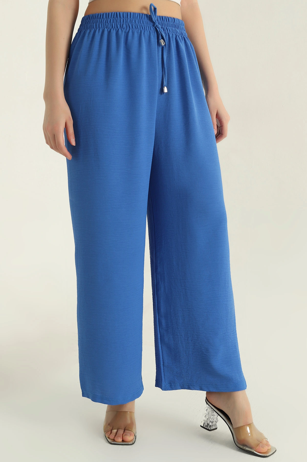 Saks Mavisi Beli Lastikli Aerobin Palazzo Kadın Pantolon 350649