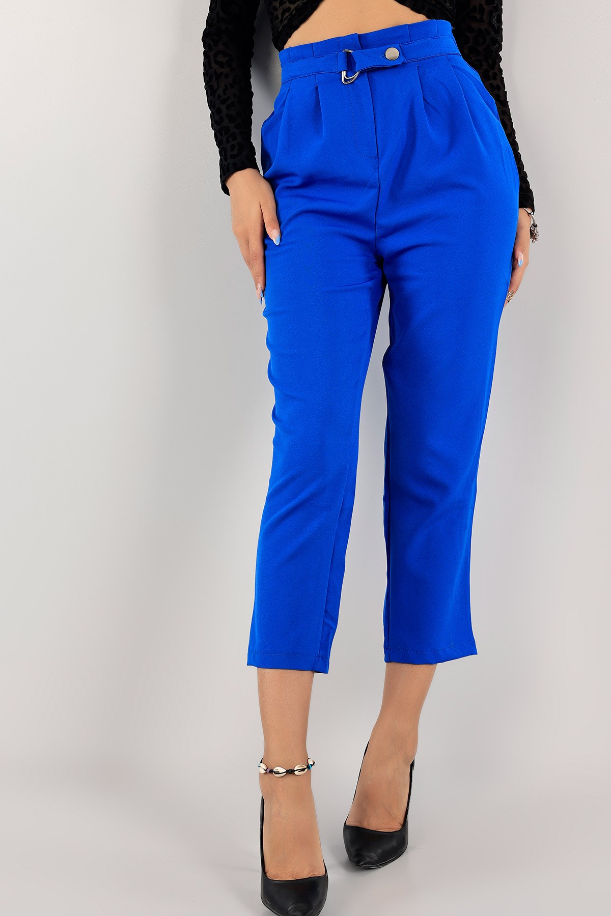 Saks Mavisi Beli Lastikli Bayan Pantolon 125896