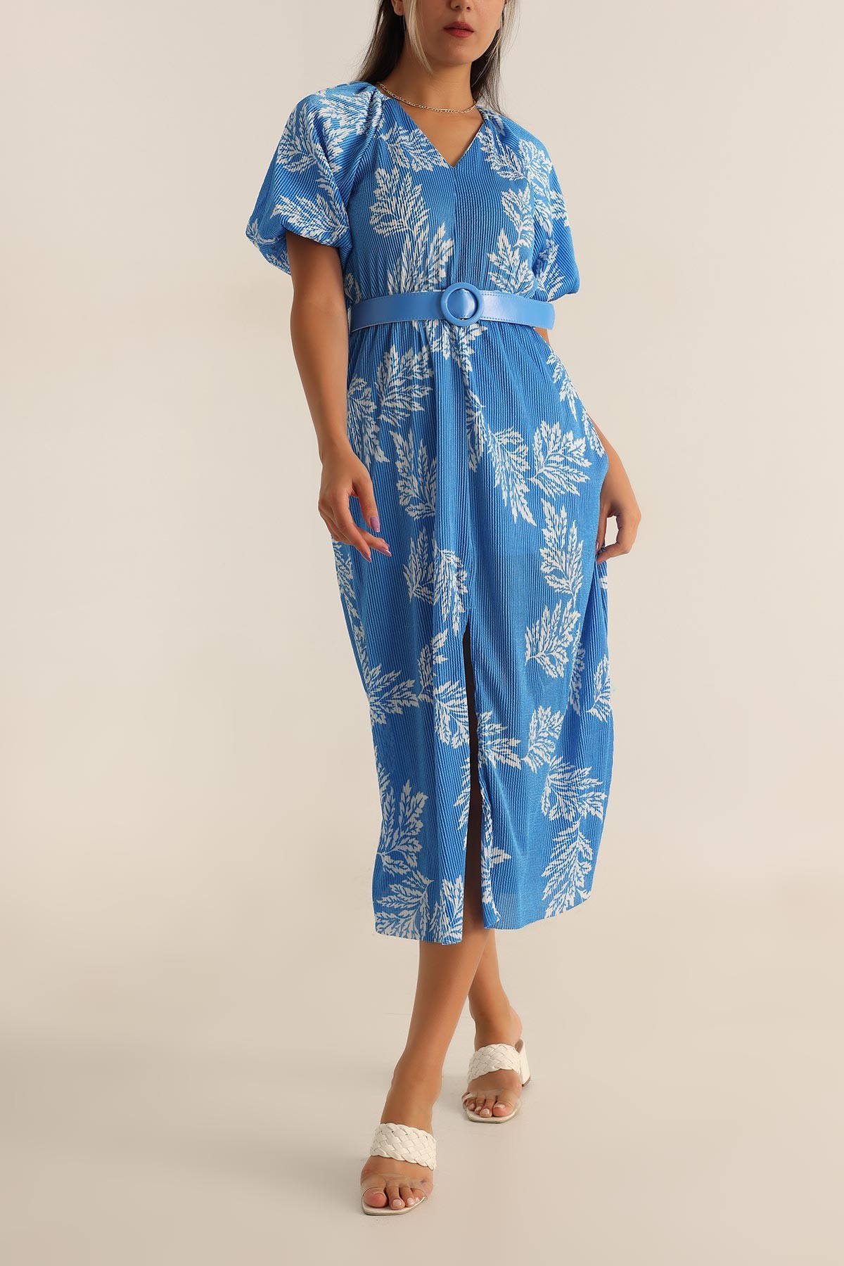 Saks Mavisi Beli Lastikli Kemerli Elbise 195405