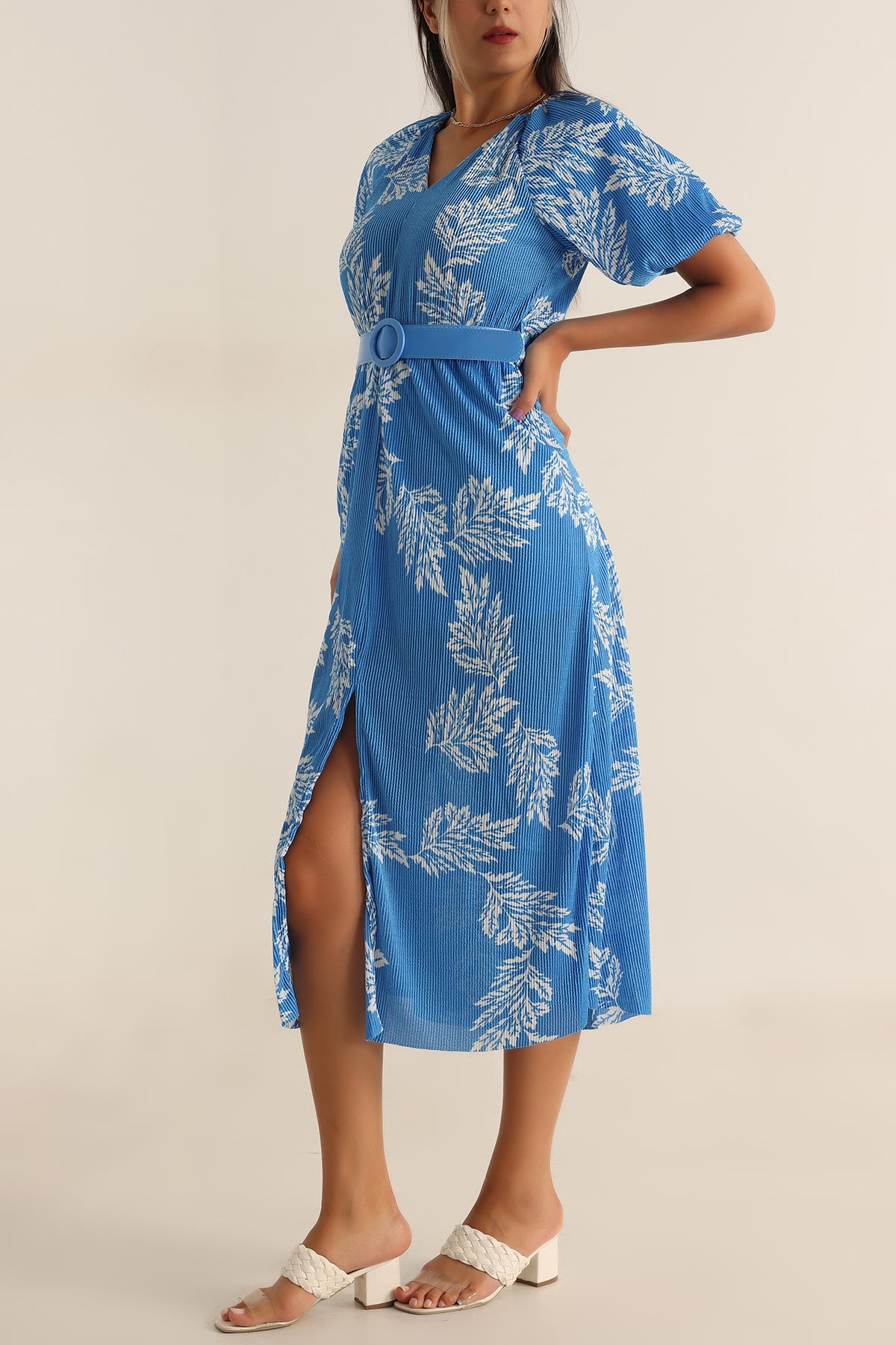 Saks Mavisi Beli Lastikli Kemerli Elbise 195405