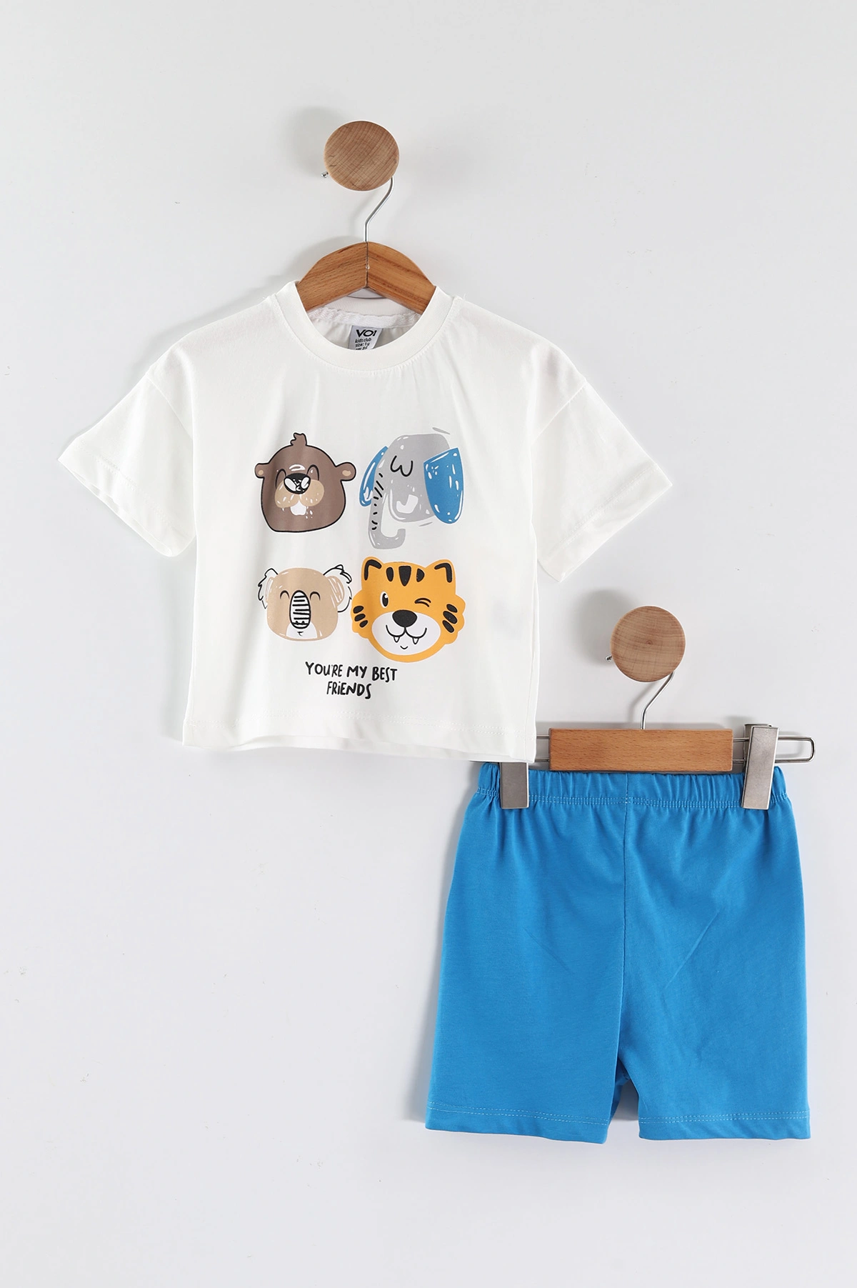 Saks Mavisi Beyaz (0-4 Yaş) Fil ve Koala Baskılı Şortlu Erkek Çocuk Yazlık Takım 459846