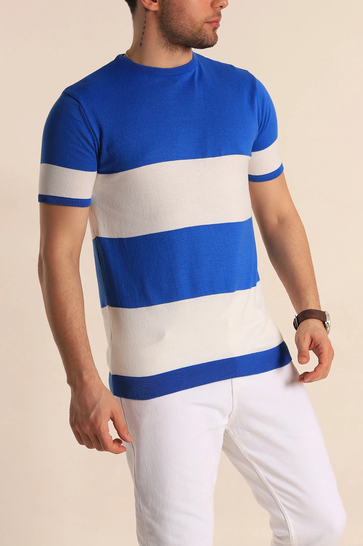 Saks Mavisi Beyaz Geniş Çizgili Slim Fit Erkek Triko Tişört 260935