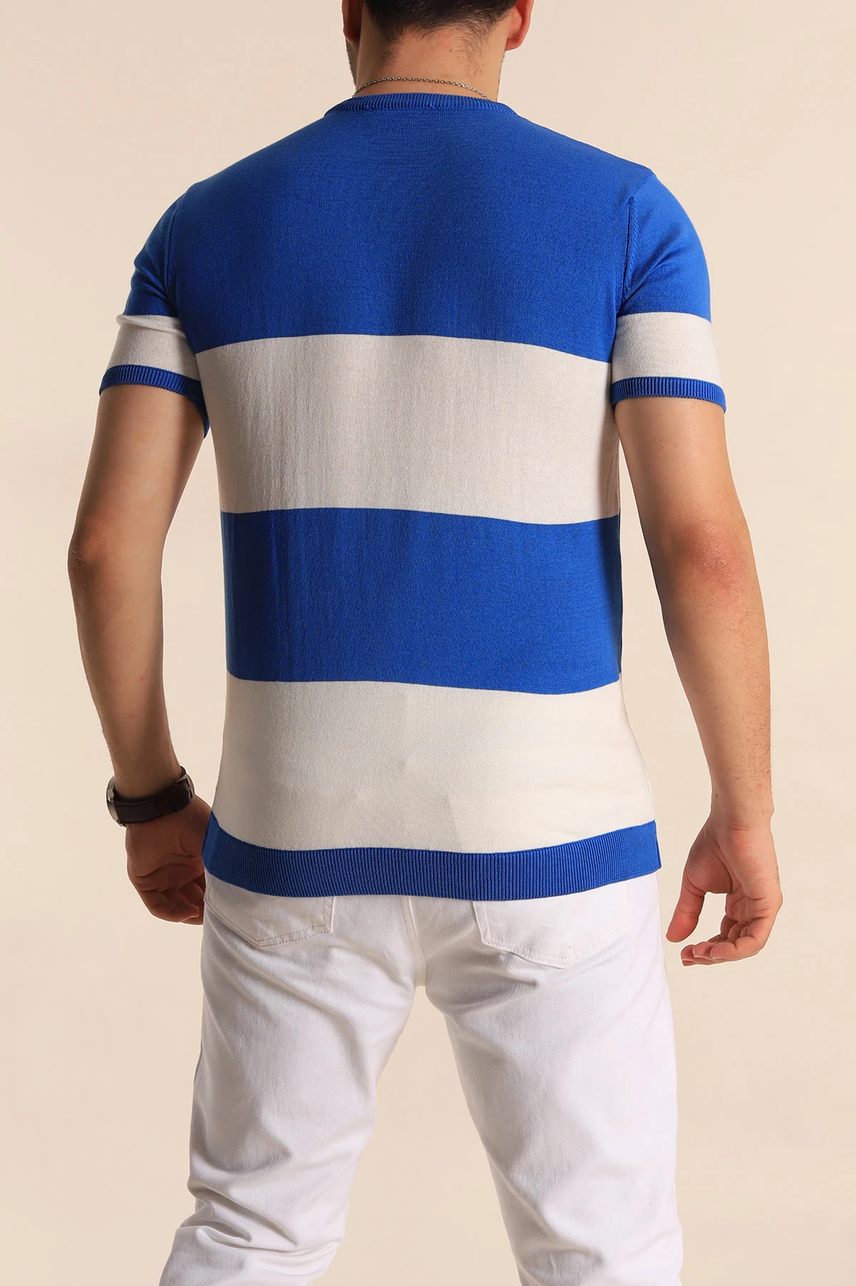 Saks Mavisi Beyaz Geniş Çizgili Slim Fit Erkek Triko Tişört 260935