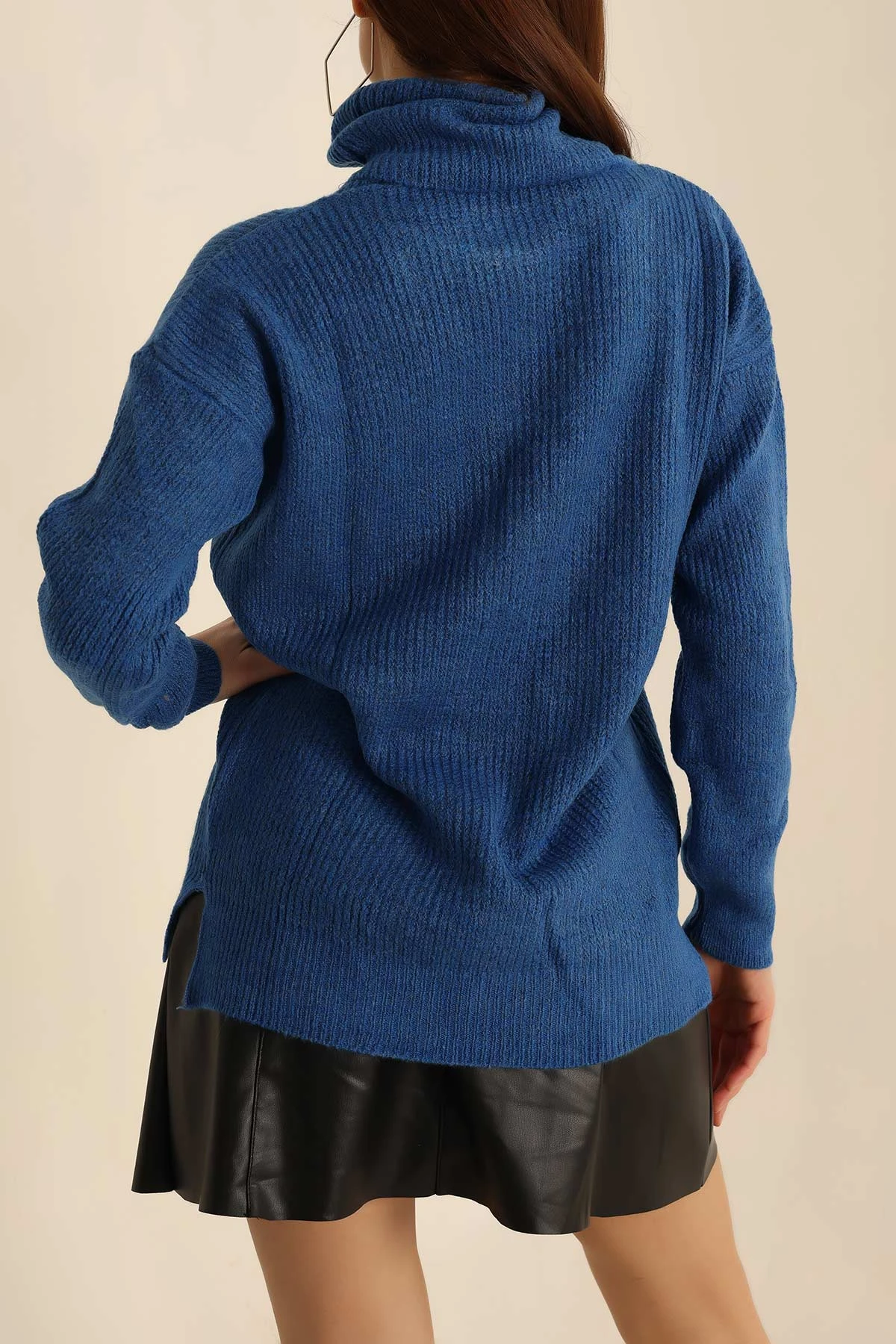 Saks Mavisi Boğazlı Örme Triko Kazak 225476