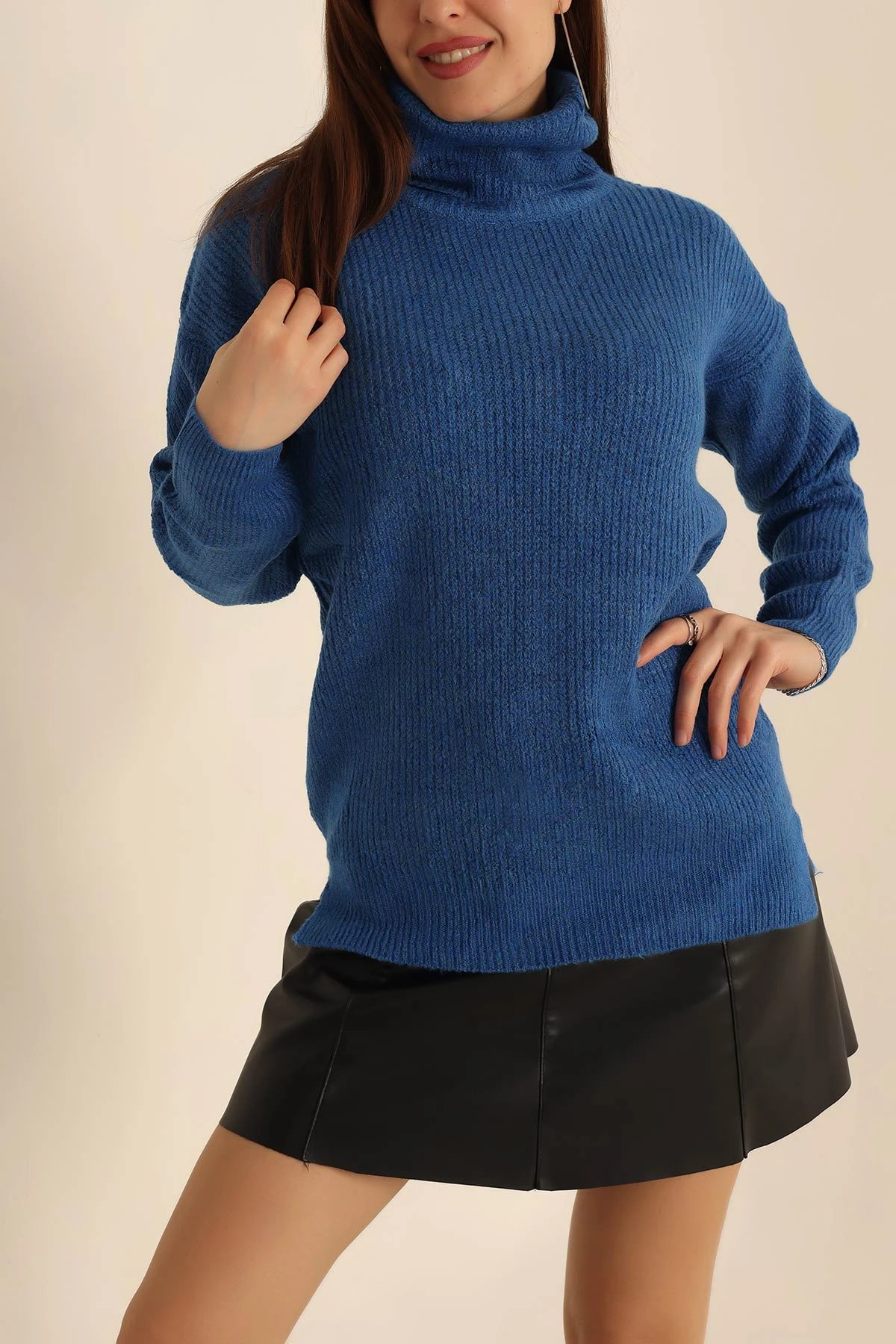 Saks Mavisi Boğazlı Örme Triko Kazak 225476