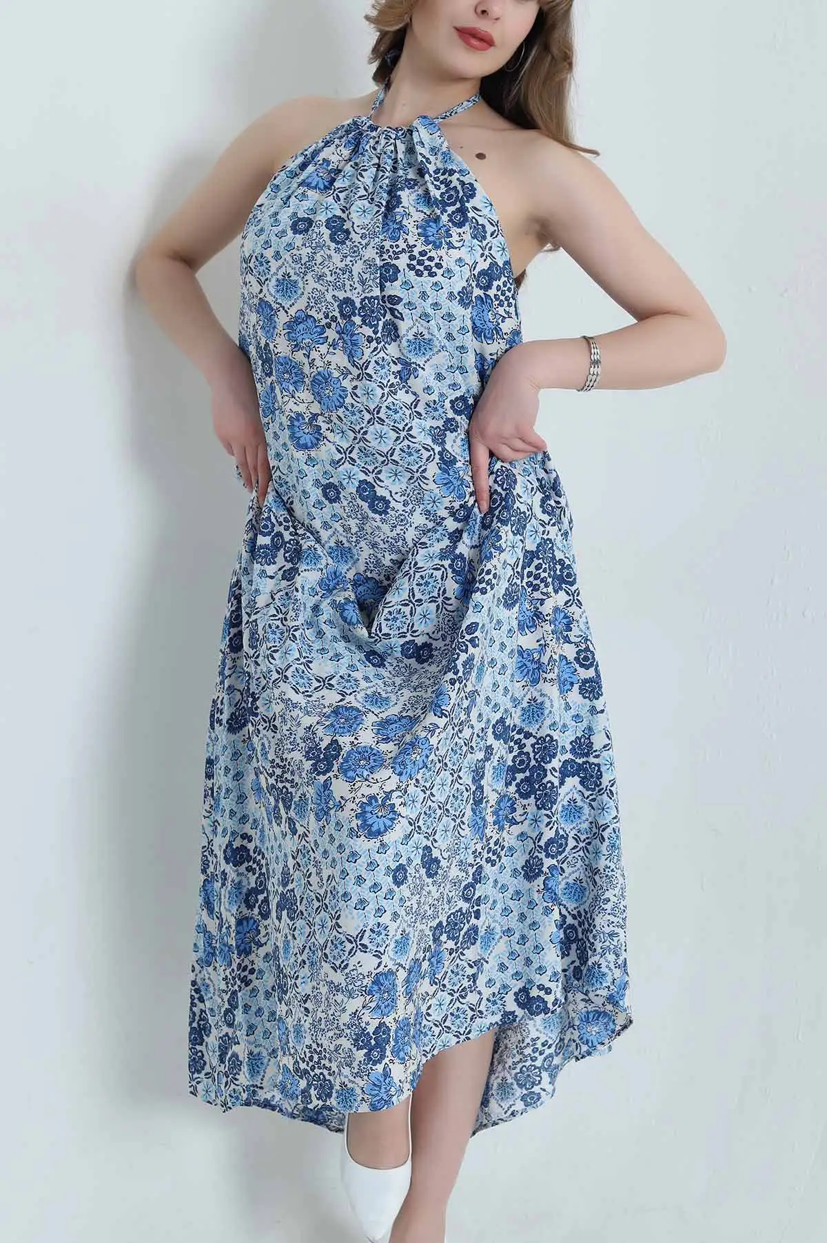 Saks Mavisi Boyun Bağlamalı Modal Kadın Elbise 464780