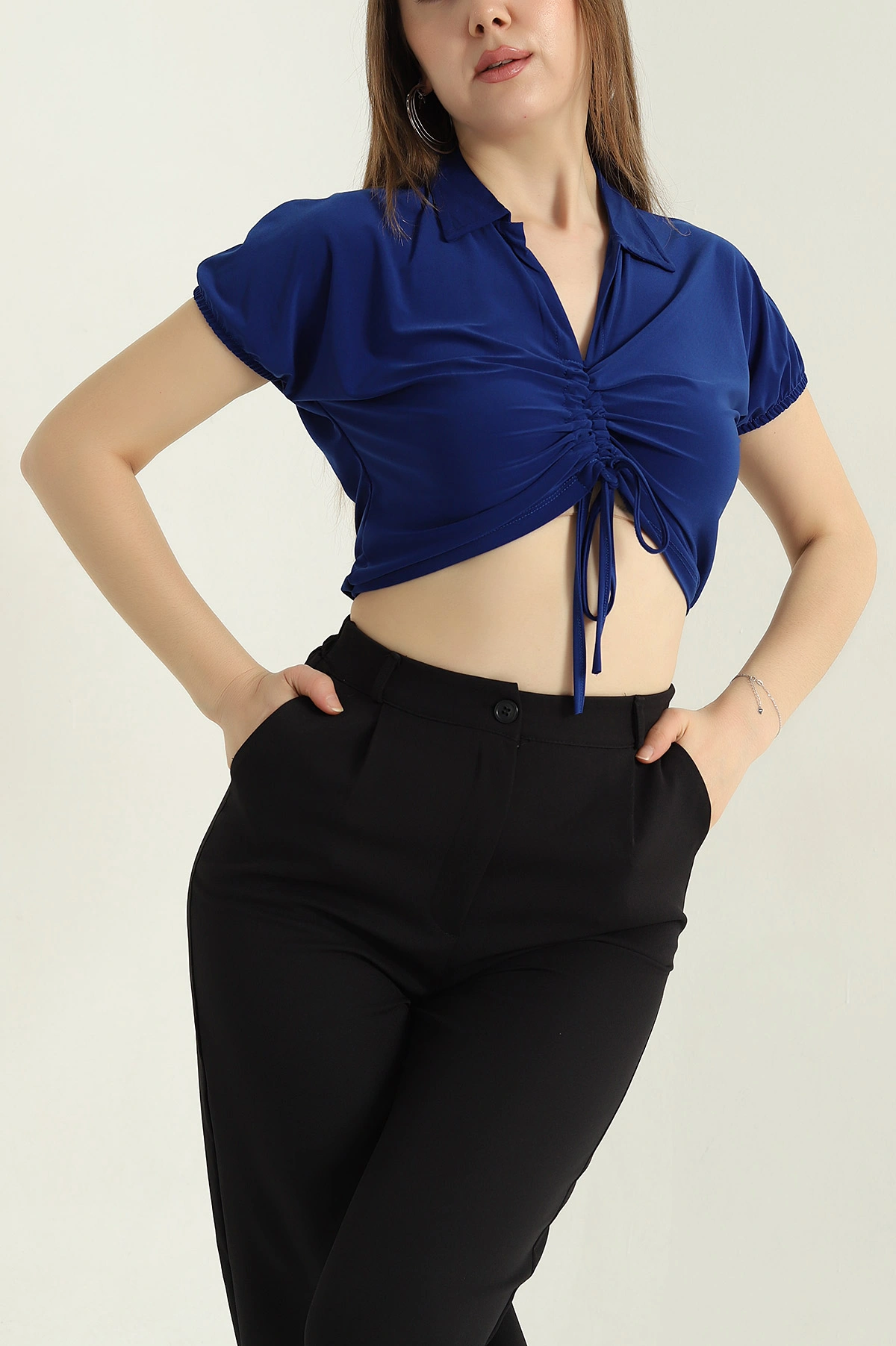 Saks Mavisi Büzgülü Sandy Kadın Bluz 347017
