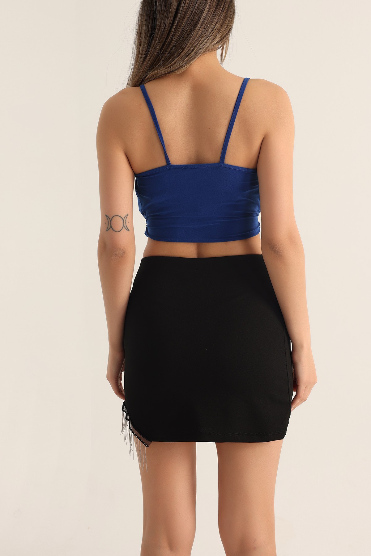 Saks Mavisi Büzgülü Sendy Kumaş Crop 174171