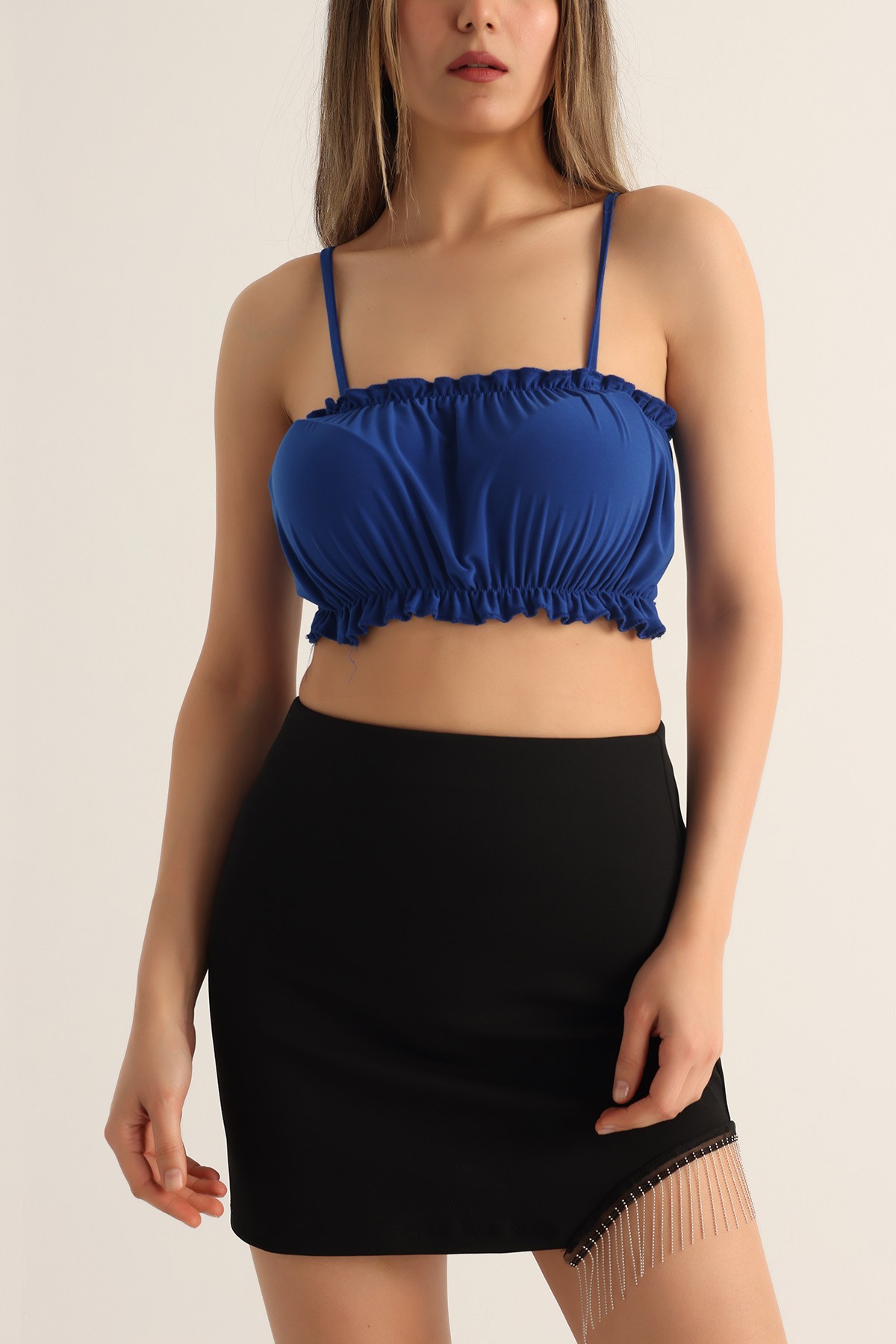 Saks Mavisi Büzgülü Sendy Kumaş Crop 174171