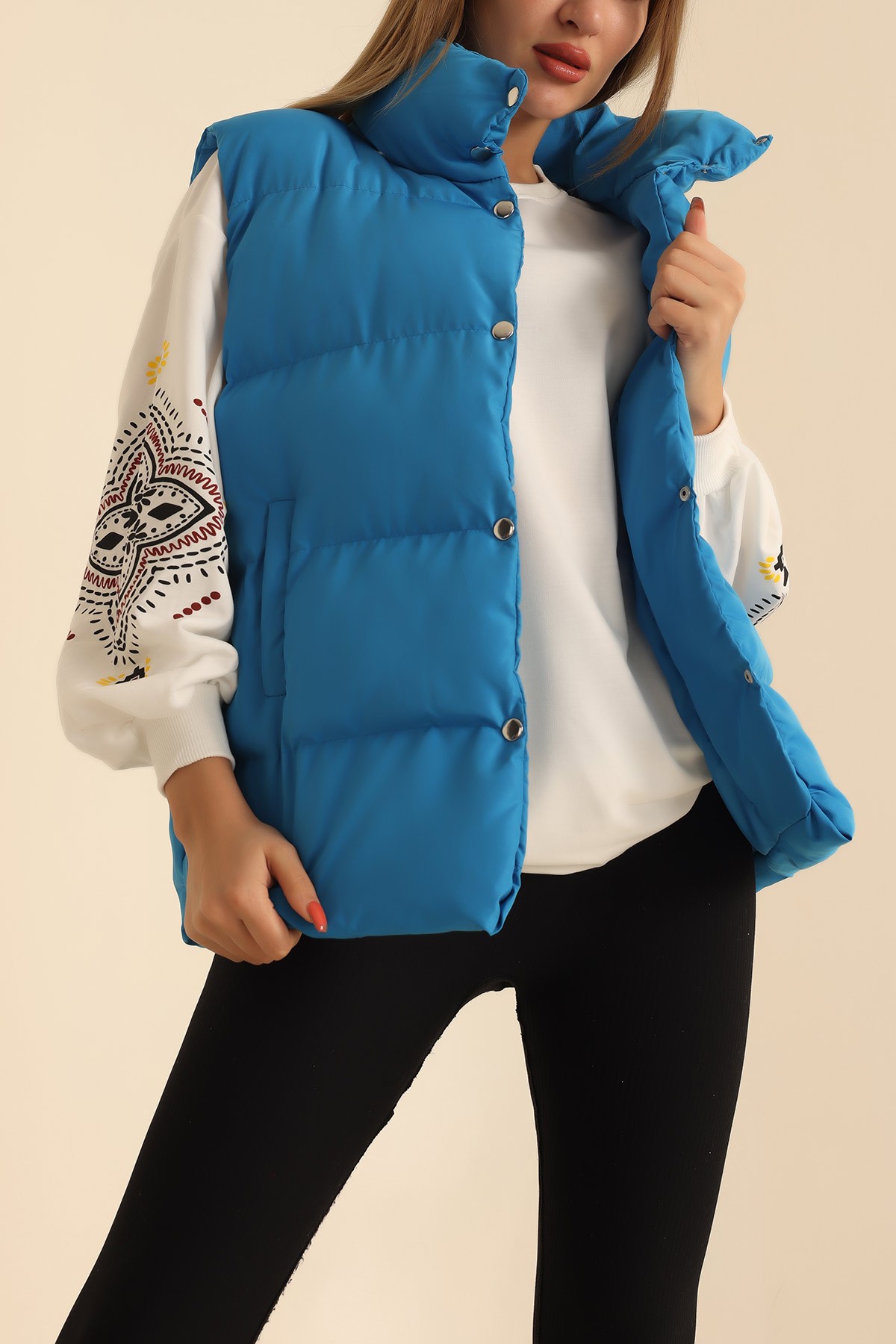 Saks Mavisi Cepli Dolumlu Bayan Şişme Yelek 213053
