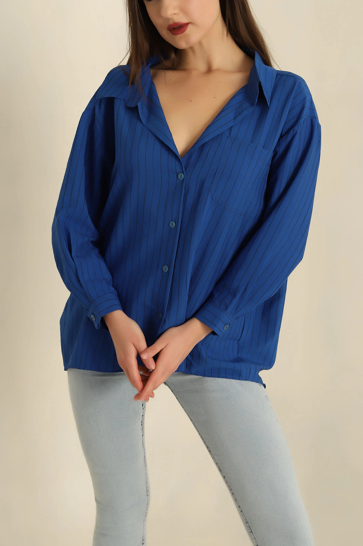 Saks Mavisi Çizgili Dokuma Oversize Bayan Gömlek 269894