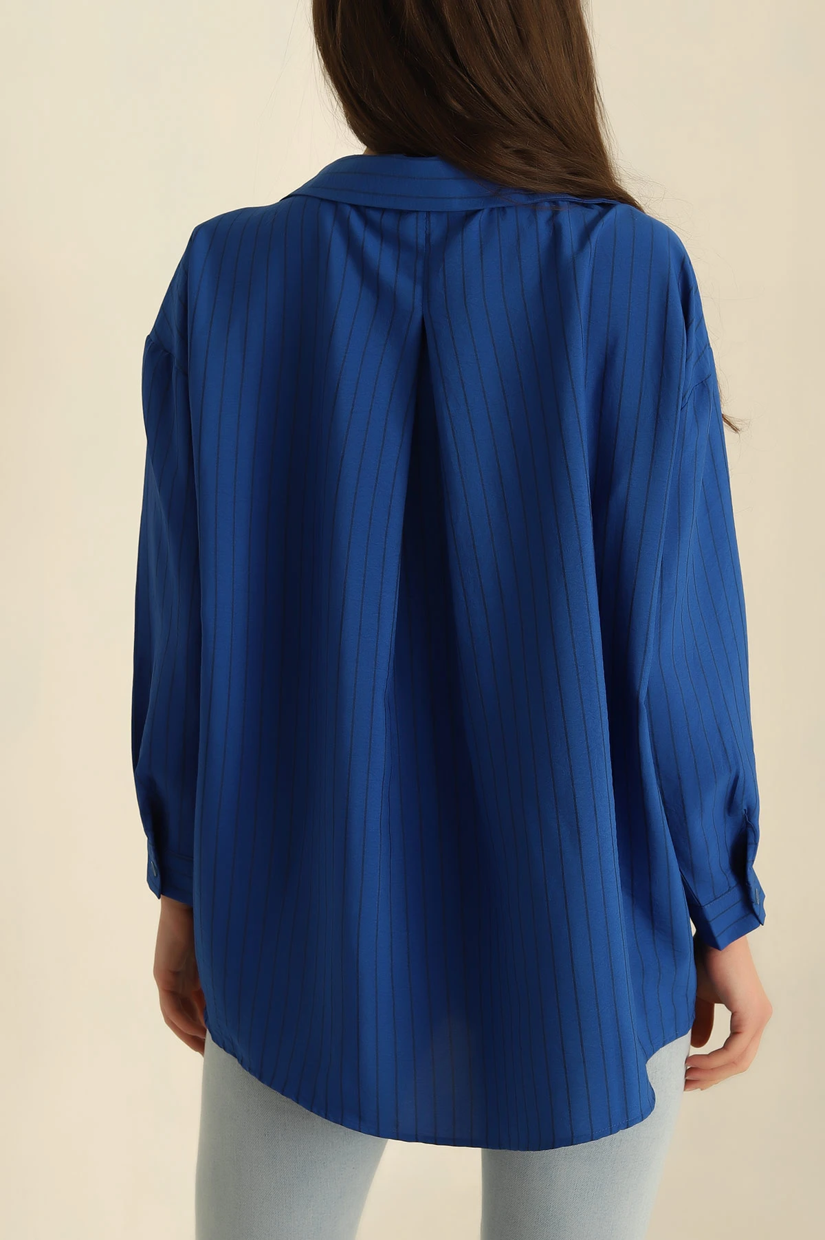 Saks Mavisi Çizgili Dokuma Oversize Bayan Gömlek 269894