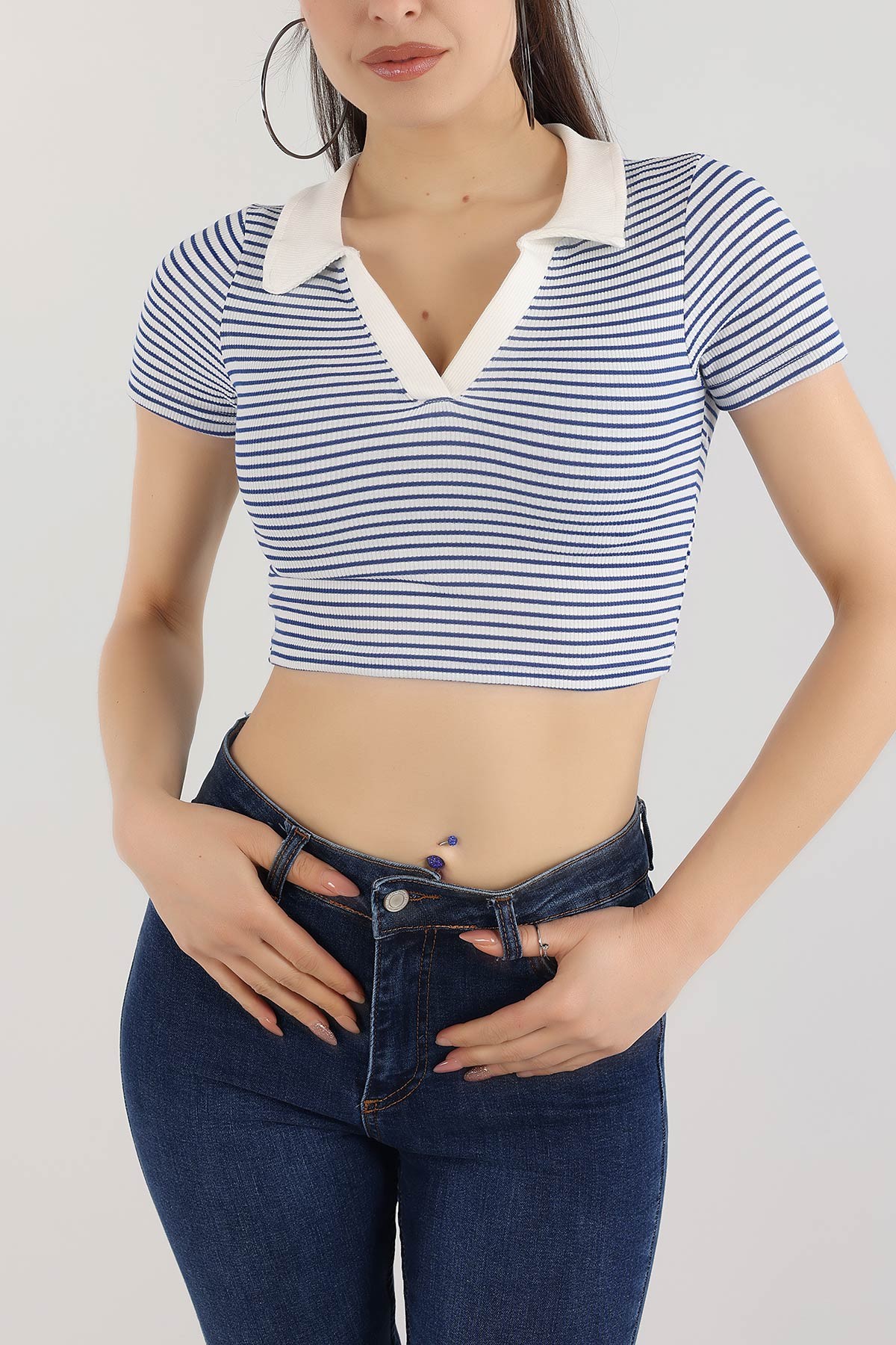 Saks Mavisi Çizgili Polo Yaka Üst 168131