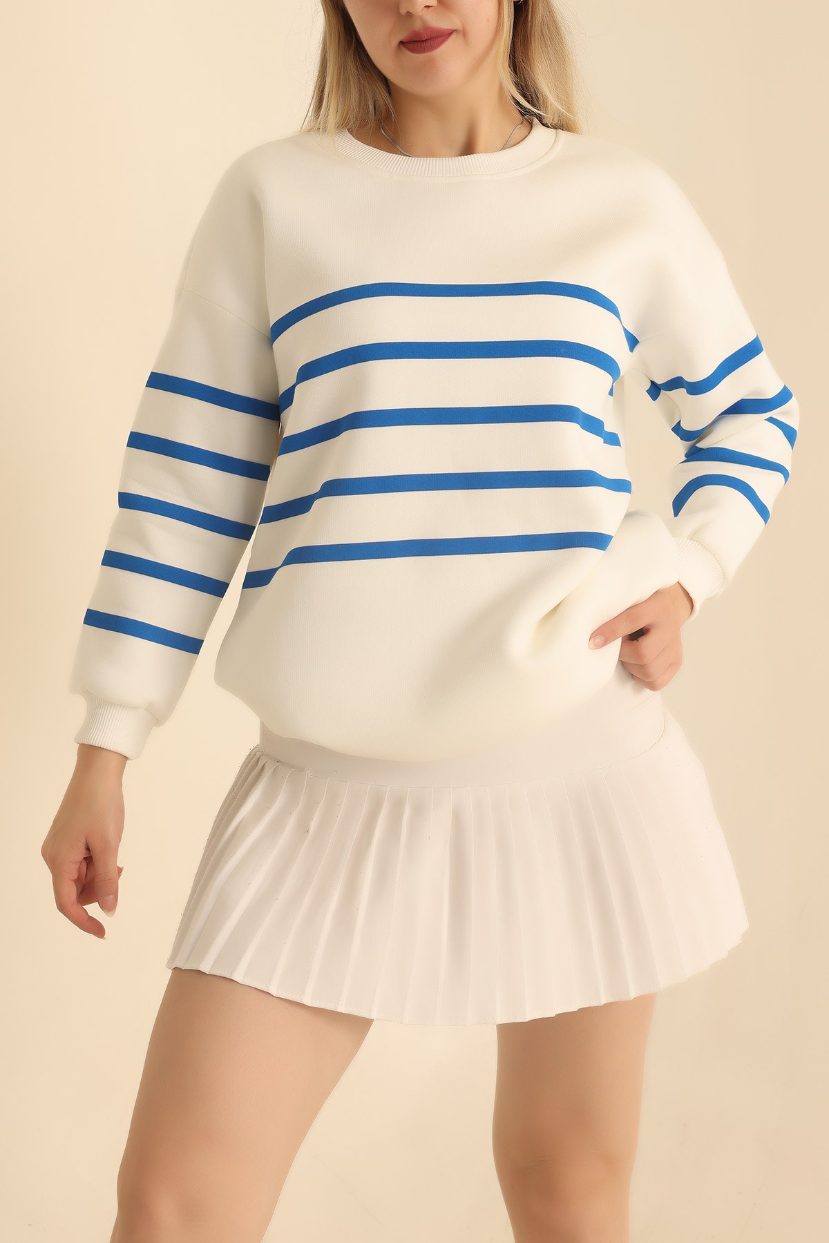 Saks Mavisi Çizgili Şardonlu Bayan Sweat 217580
