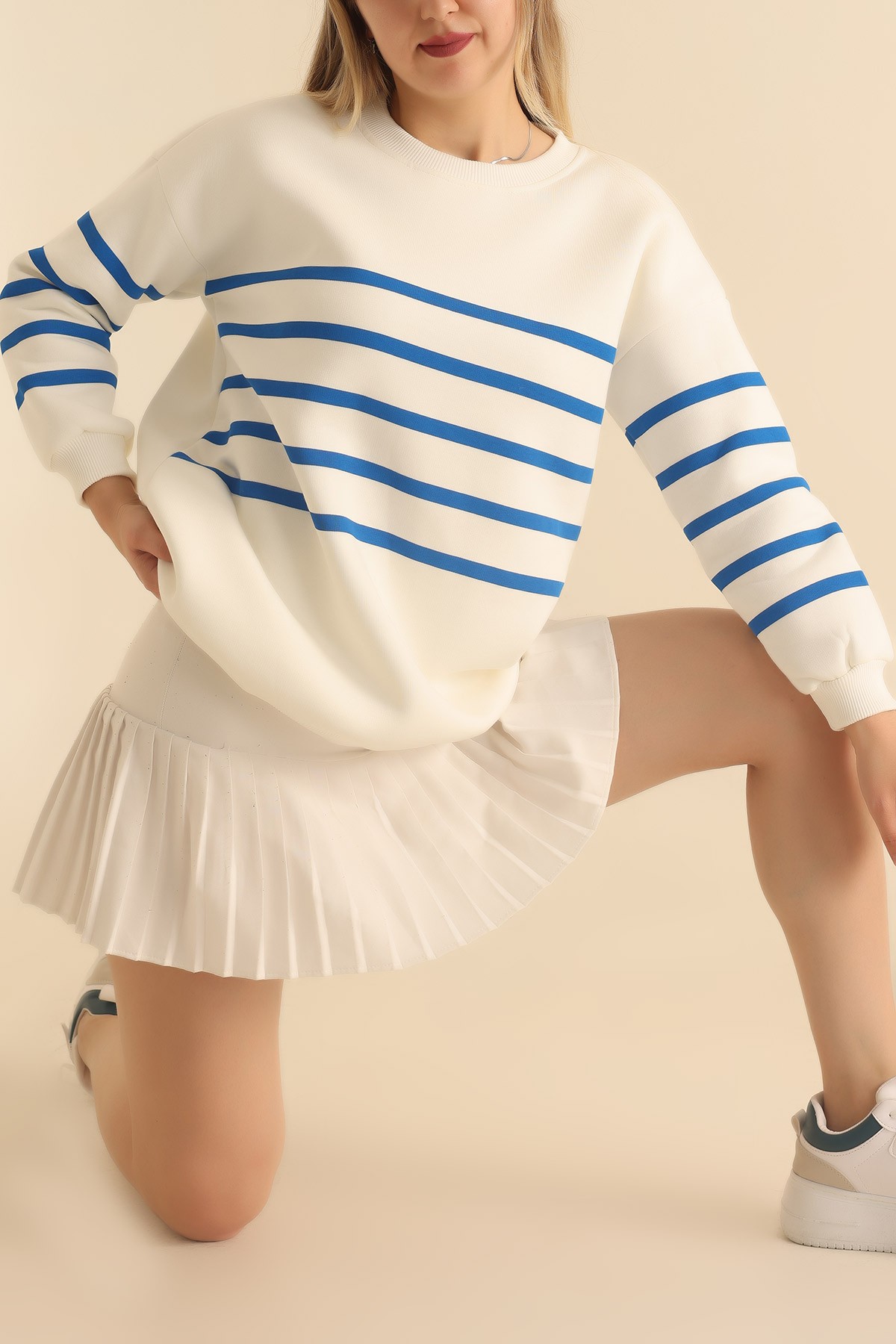 Saks Mavisi Çizgili Şardonlu Bayan Sweat 217580